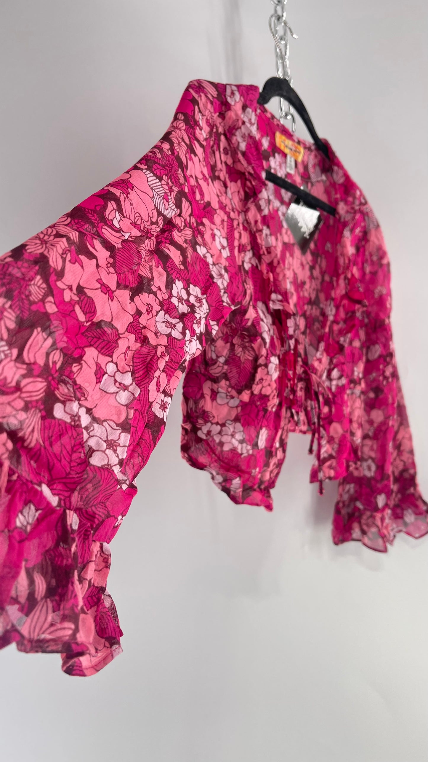 Urban Outfitters Fuchsia 100% Viscose Floral Tie Front, Ruffled Blouse