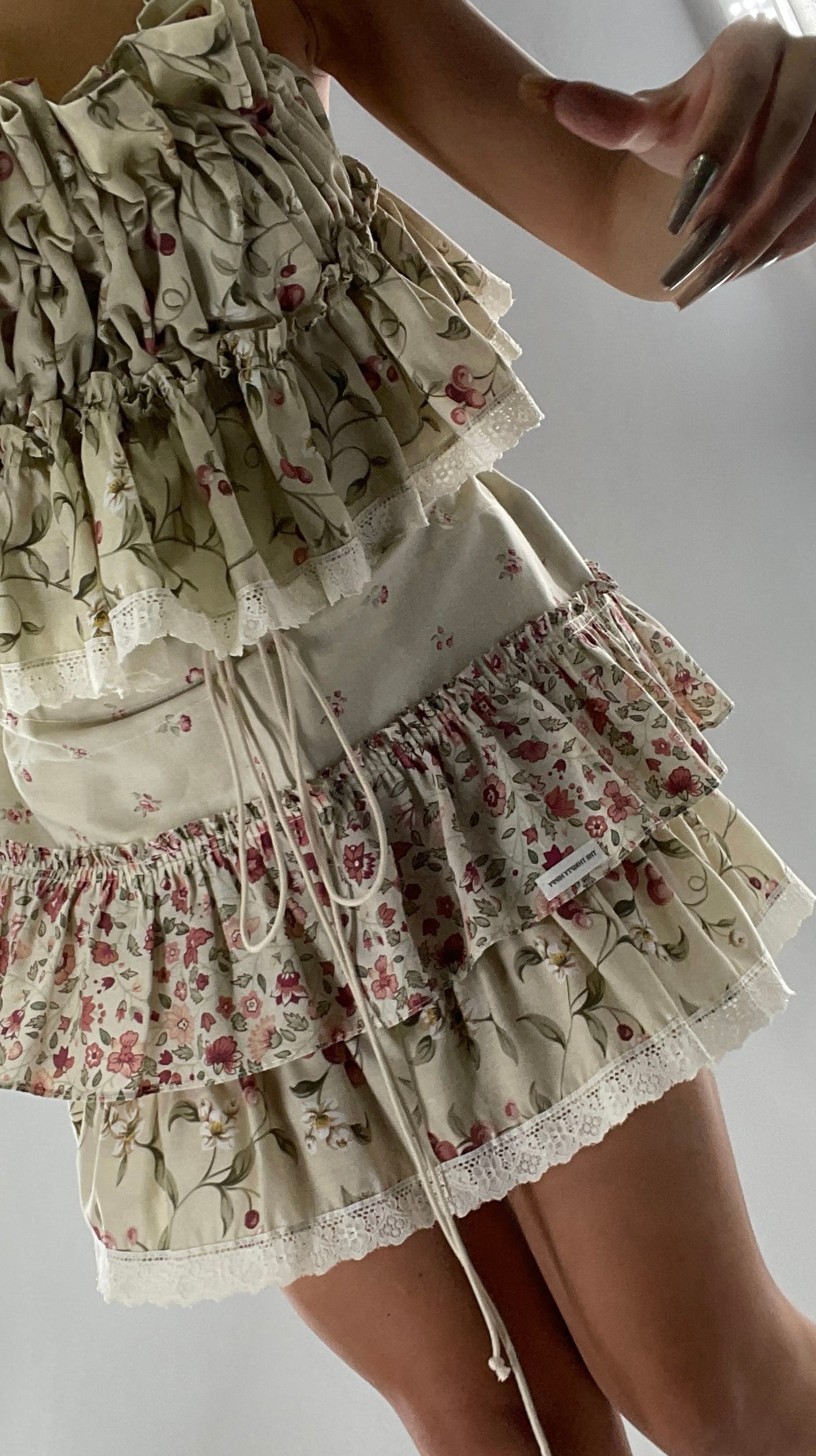 Vintage Cherry Cottage Set with Tiered Ruffled Skirt and Ruched, Backless Top (One Size)