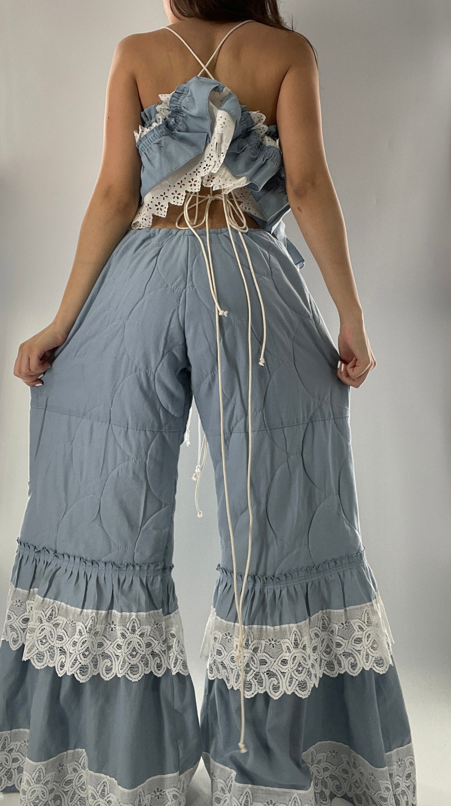 Vintage 2 Piece Powder Blue Set Featuring 2Way Blouse and Quilted Trousers Covered in Ruffles, Lace and Trim (One Size)