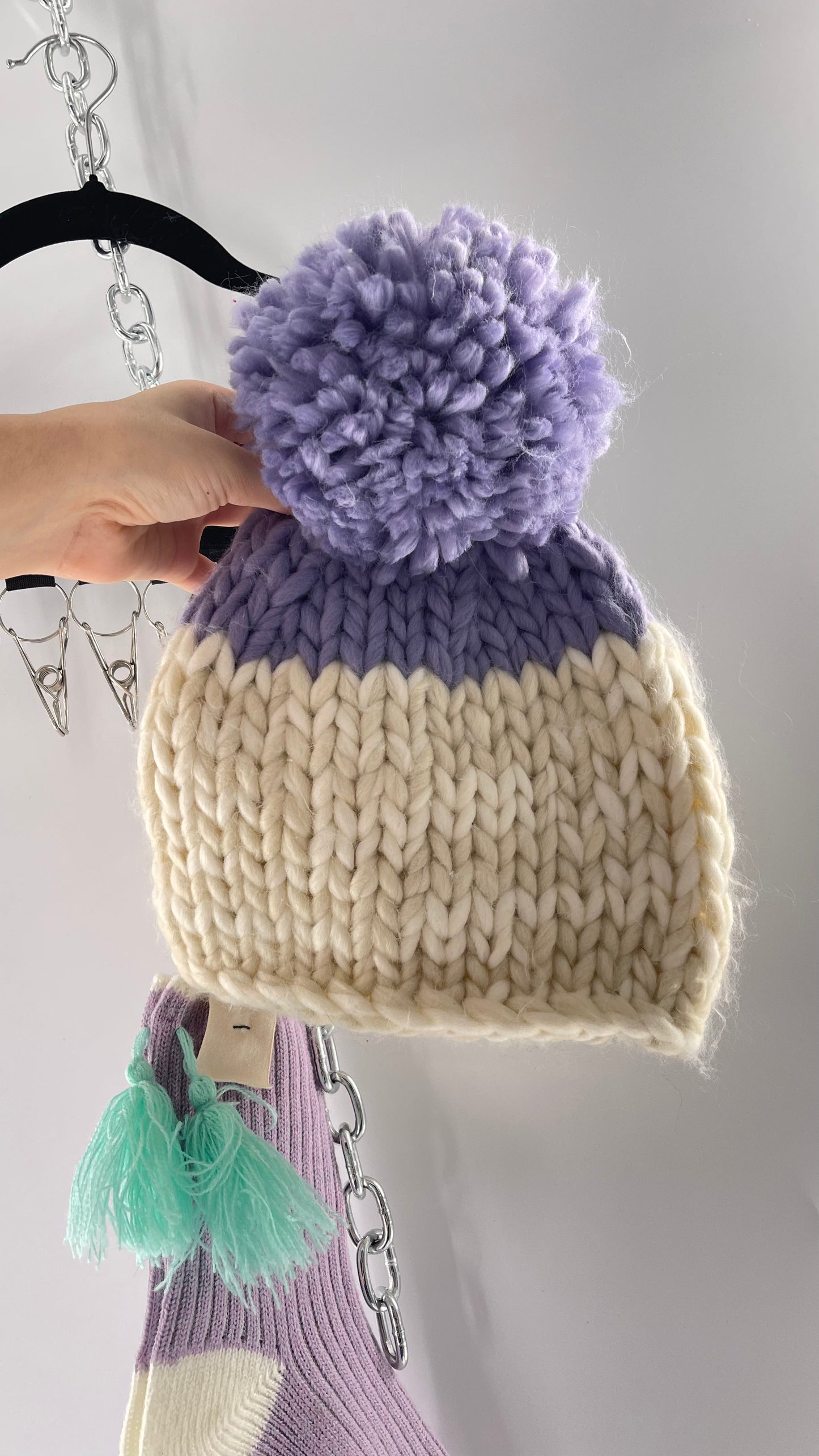 Free People Lavender Purple and White Knit Beanie and Sock Set
