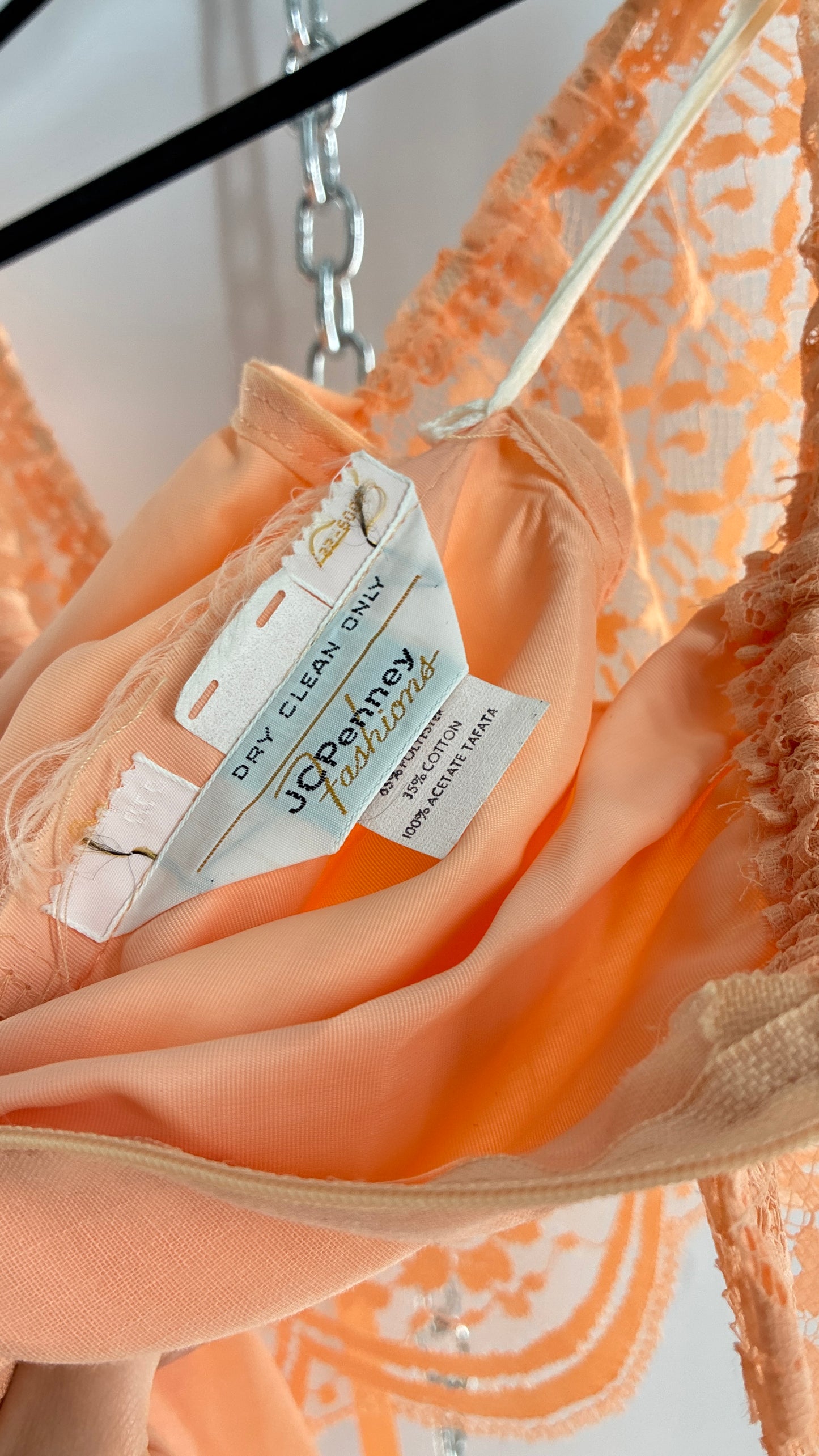 Vintage 1960s Ruffled Off the Shoulder Peach Full Length Voluminous Gown with Tie Back (9/10)