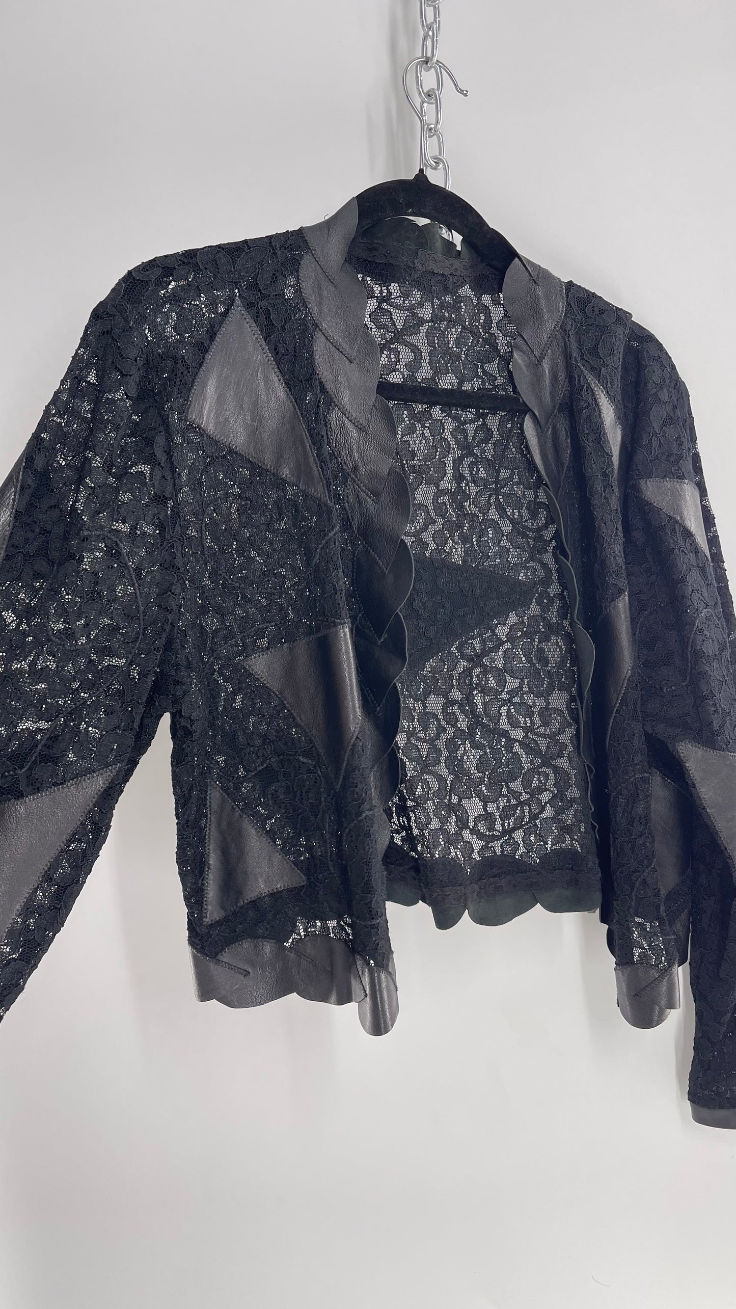 Vintage Black Lace Jacket with Genuine Black Leather Patches and Lining (M/L)