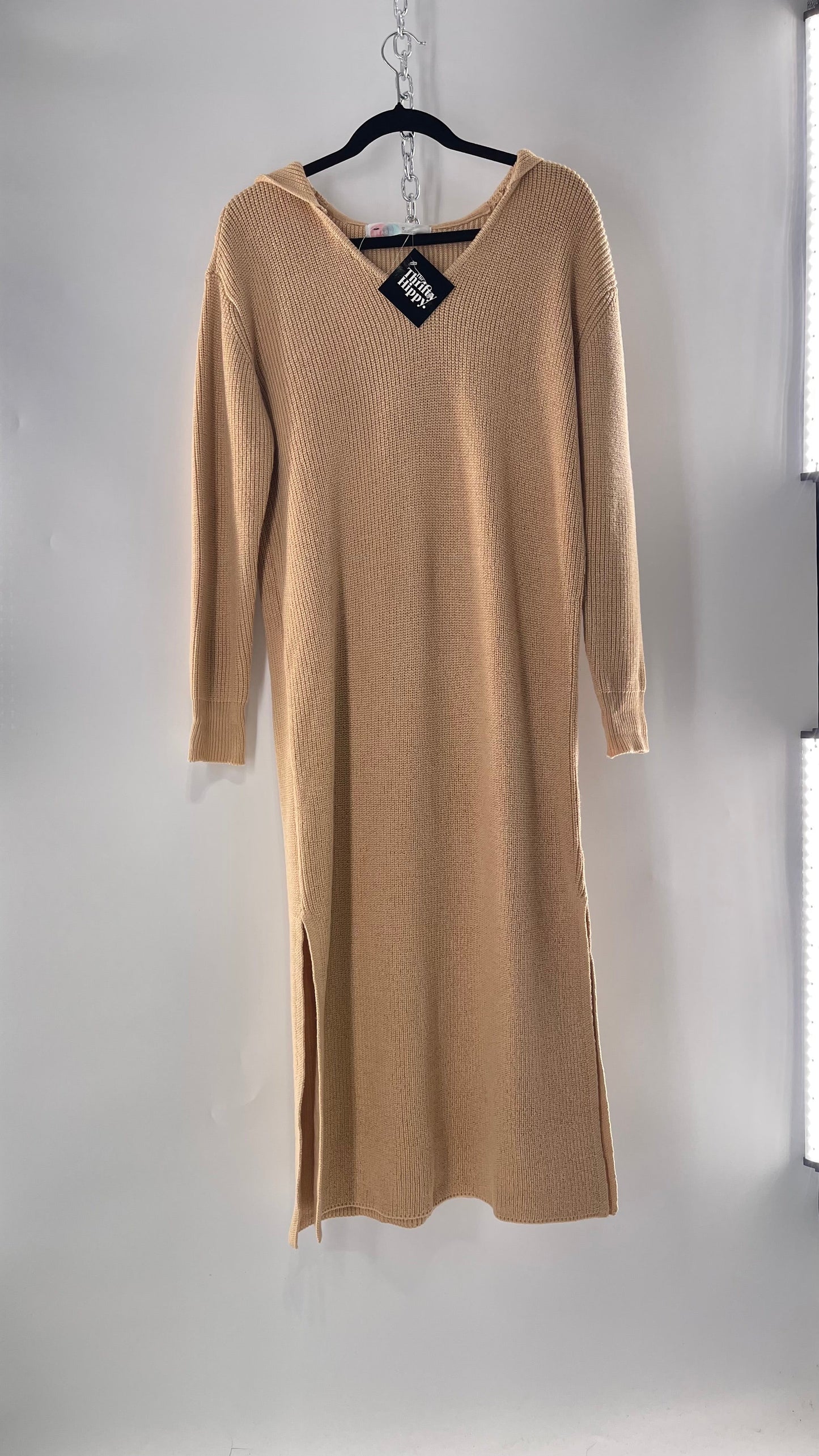 Free People Tan Knit Hoodie Maxi (Medium)