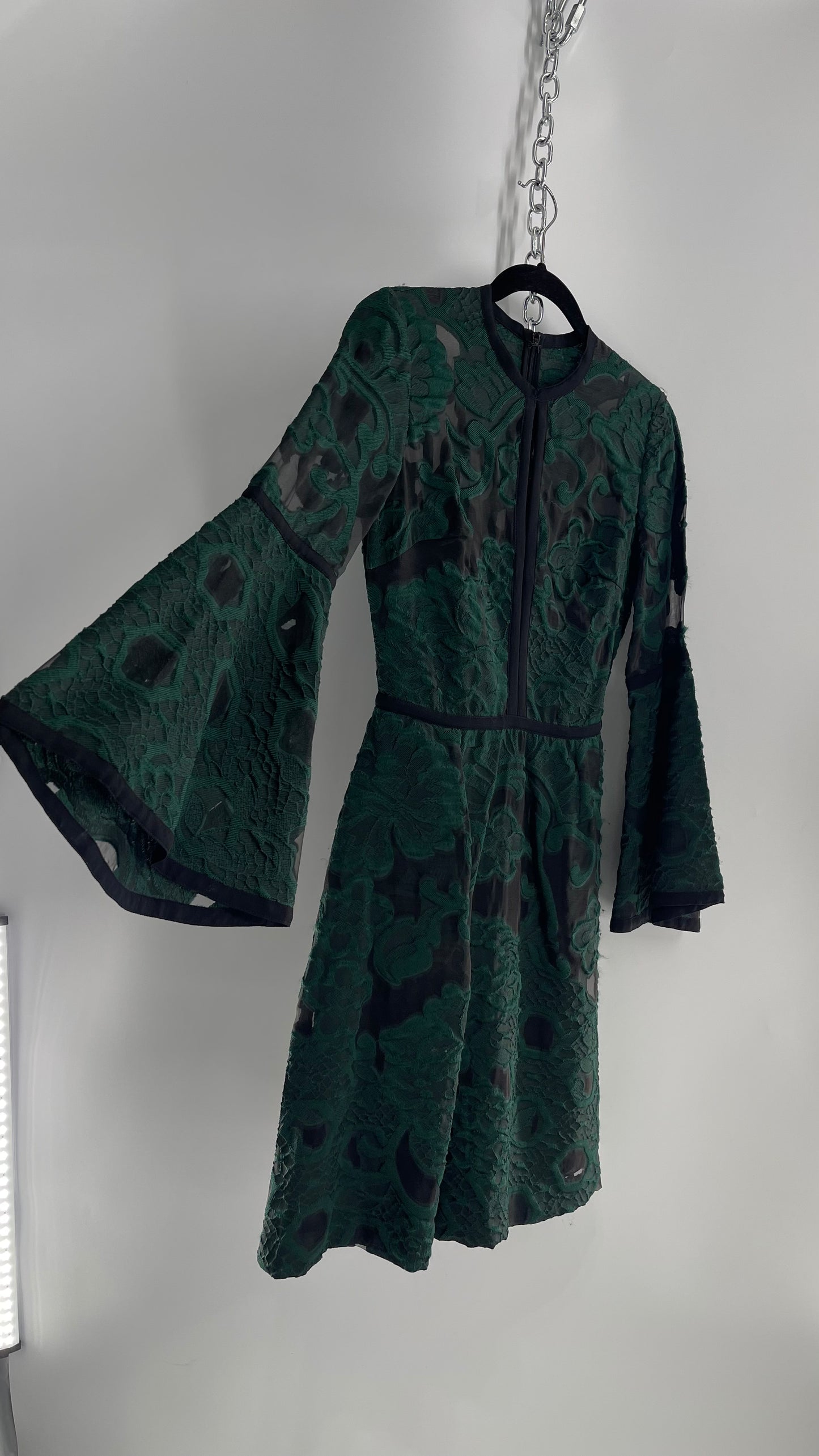 Vintage Ellie Saab Forest Green Lace Dress with Bell Sleeves (36)