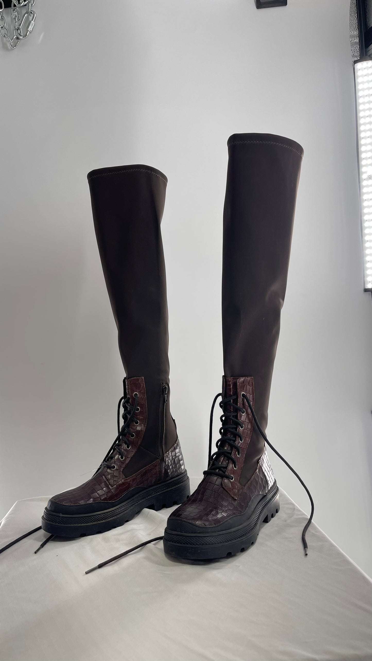 Free People Dark Brown Riding Style Embossed Knee High Platform Boots (39)