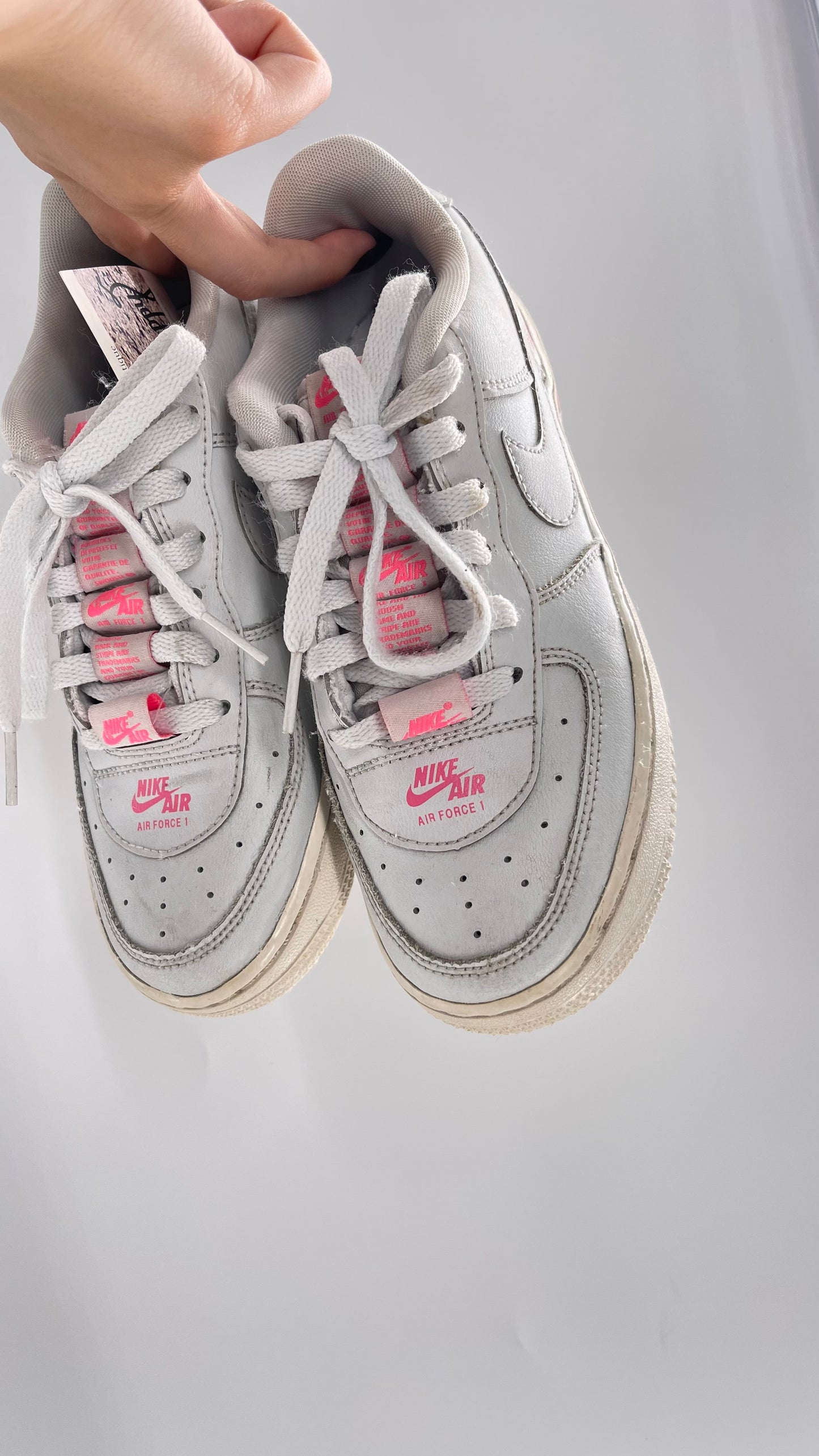 Custom Nikes Worn White with Tags on Laces and Neon Pink Details (4Y)