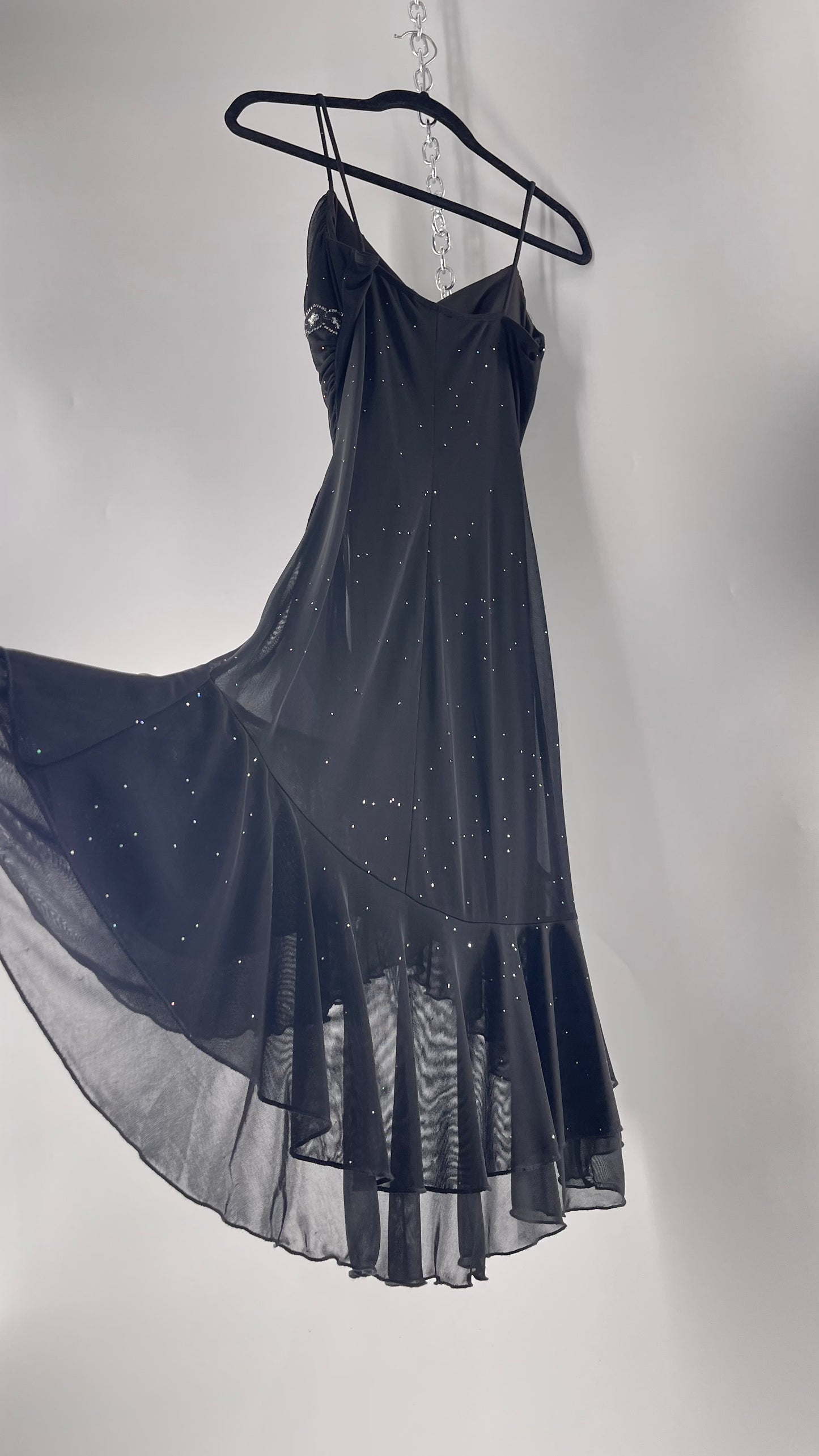 Vintage Taboo Midi Dress with Iridescent Sequins with Lace Underbust Detail, High Low Silhouette and Frills (Medium)