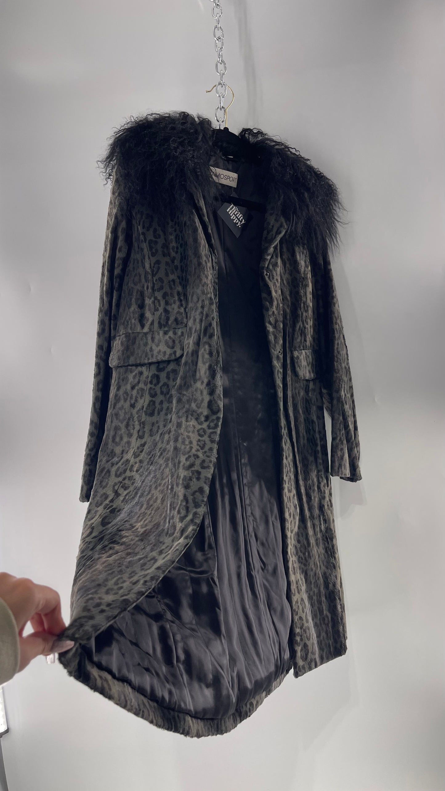 Vintage Romanian RAMOSTEPH Black/Gray Leopard Print Coat with Mongolian Fur Collar (Medium)