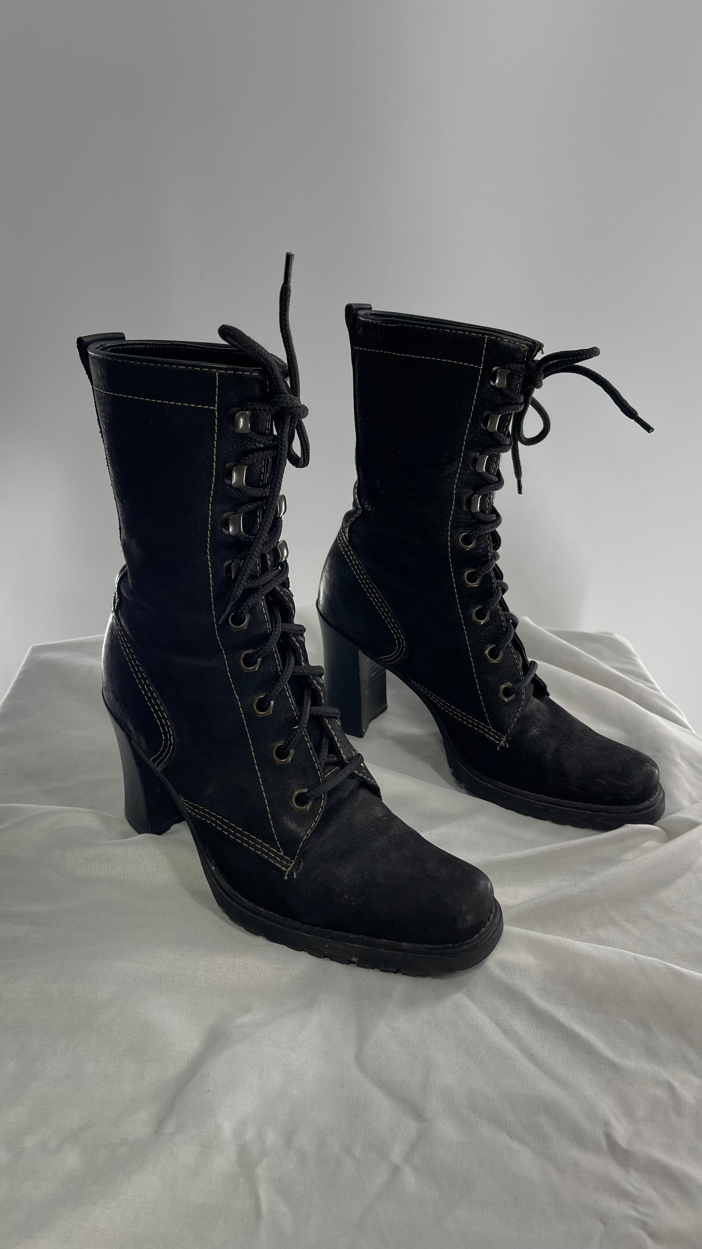Vintage Nine West Leather Black Lace Up Combat Boots (7)