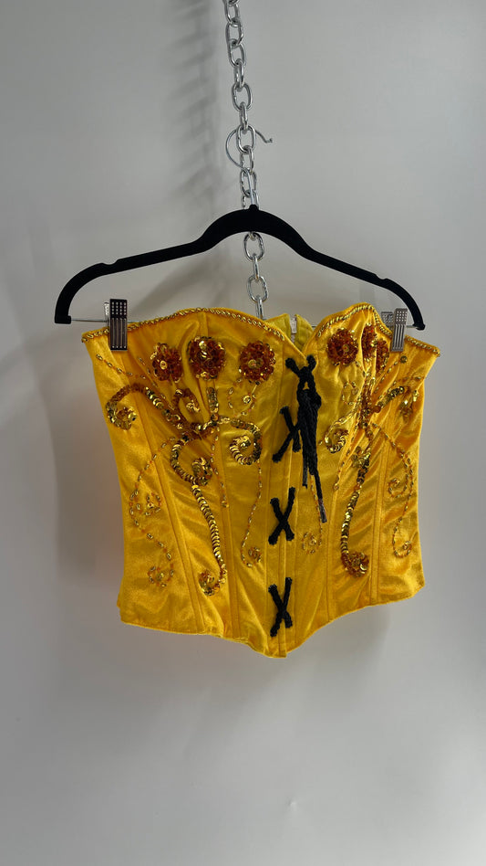 Vintage Hand Embroidered/Embellished Yellow Velvet Corset (Medium)