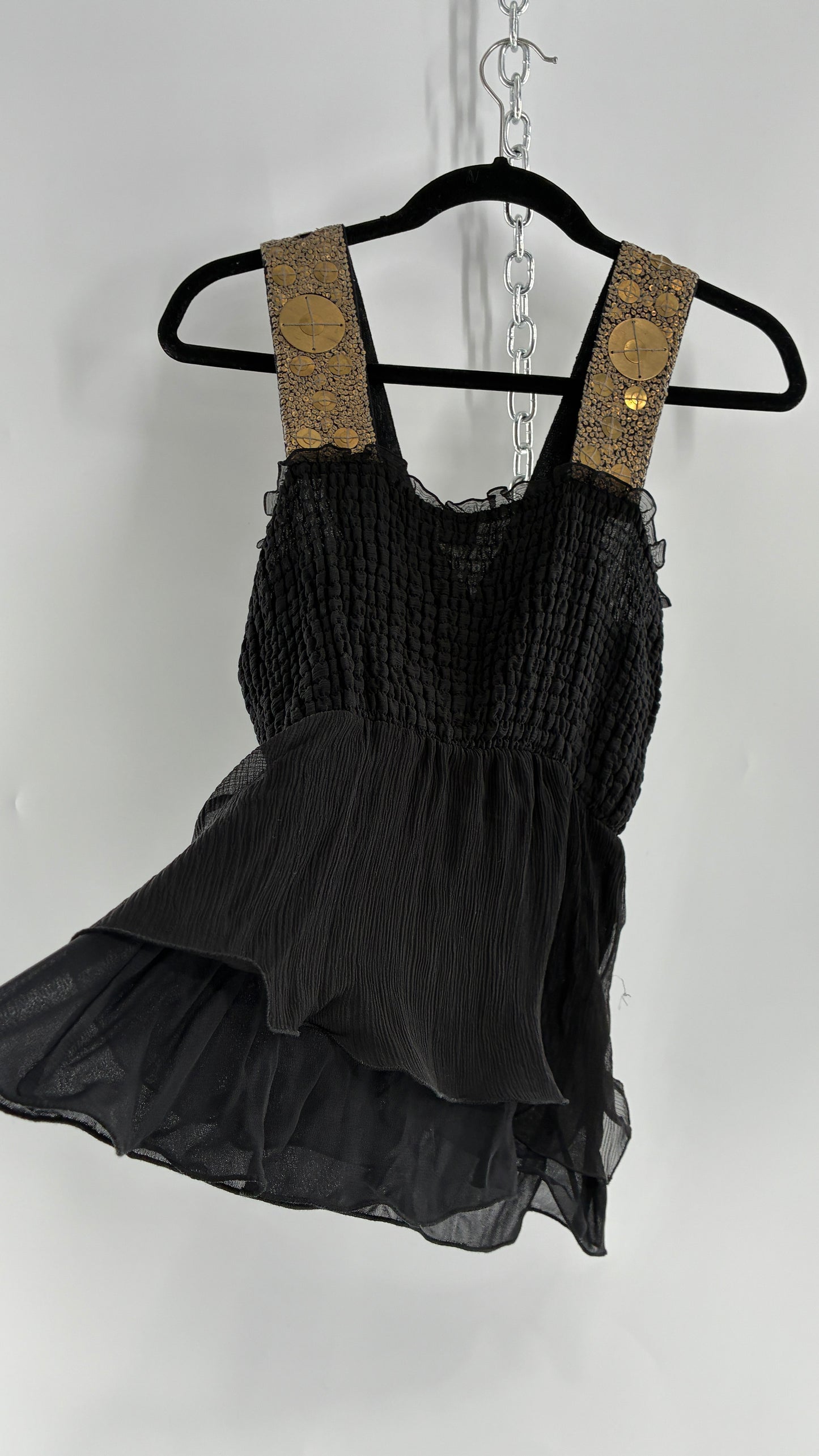 Vintage SAKS FIFTH AVENUE Black 100% Silk Camisole with Heavily Beaded Bronze Appliqué Strap (Small)