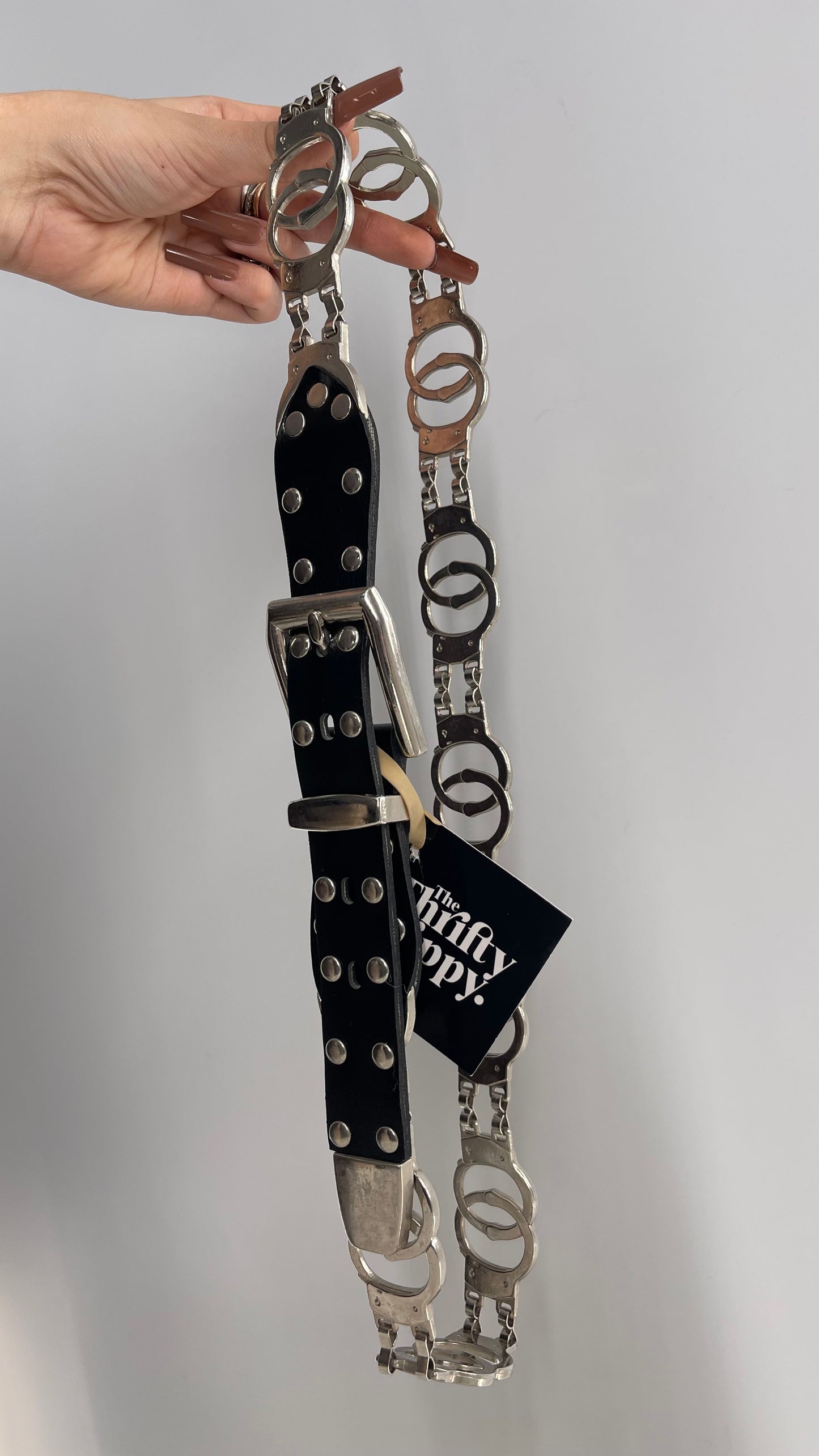 Vintage Handcuff Hardware Metal Black Leather Belt (Large)