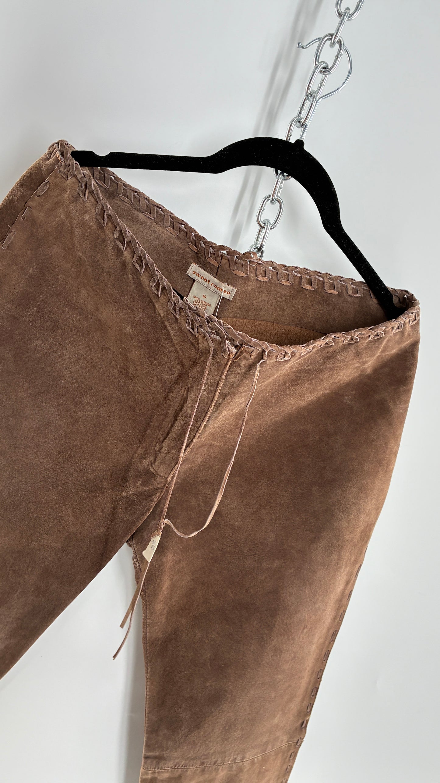Vintage SWEET ROMEO Suede Leather Stitch Side, Braided Hem Pants (10)
