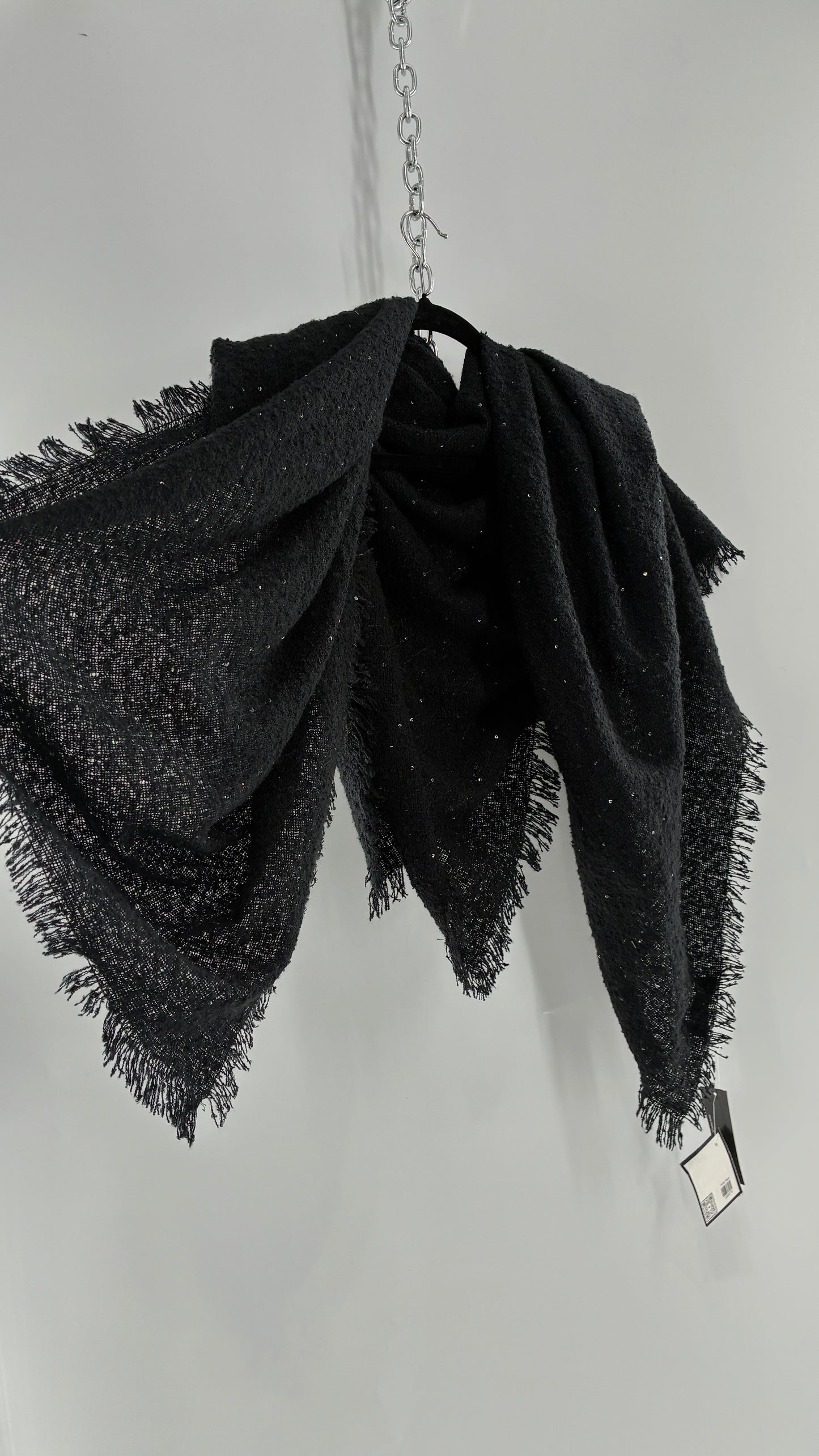 Vintage Marcus Adler Black Fringed Scarf with Iridescent Sequins and Tags