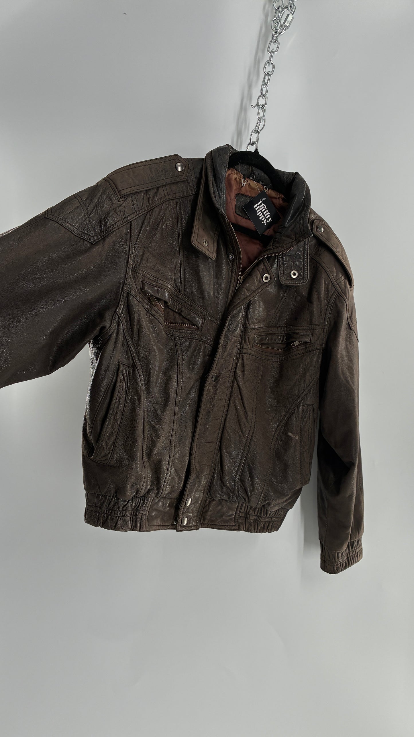 Vintage SAXONY Distressed Leather Bomber Jacket (Medium)