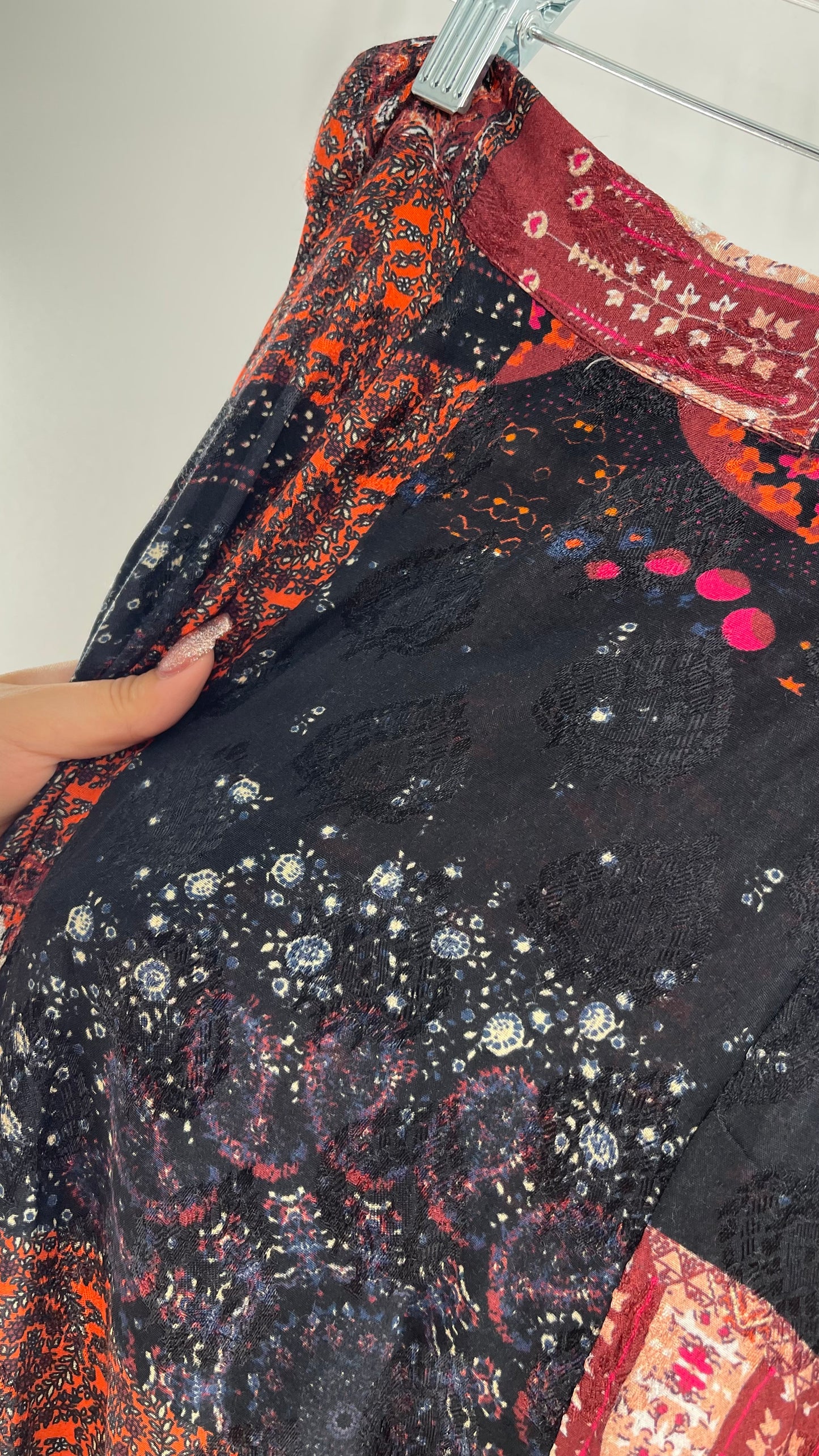 Free People Burgundy Satin Patchwork Patterned Fringe Full Length Skirt with Embossed Symbols and Side Slit Tags Attached (0)