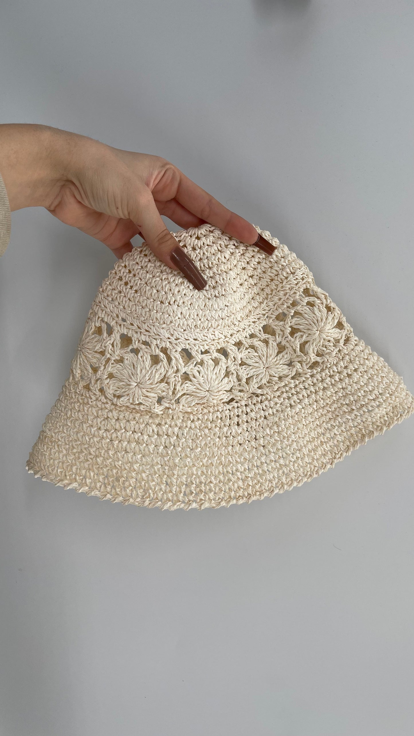 Vintage Off White Crochet Straw Bucket Hat