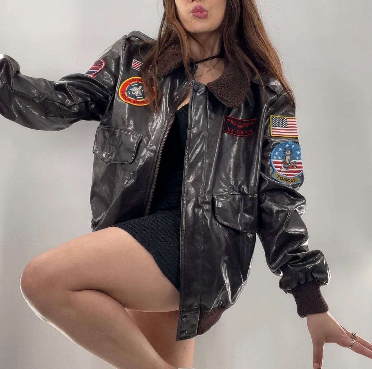 Vintage Dark Brown Top Gun Bomber Jacket with Patches and Teddy Sherpa Collar (Large)