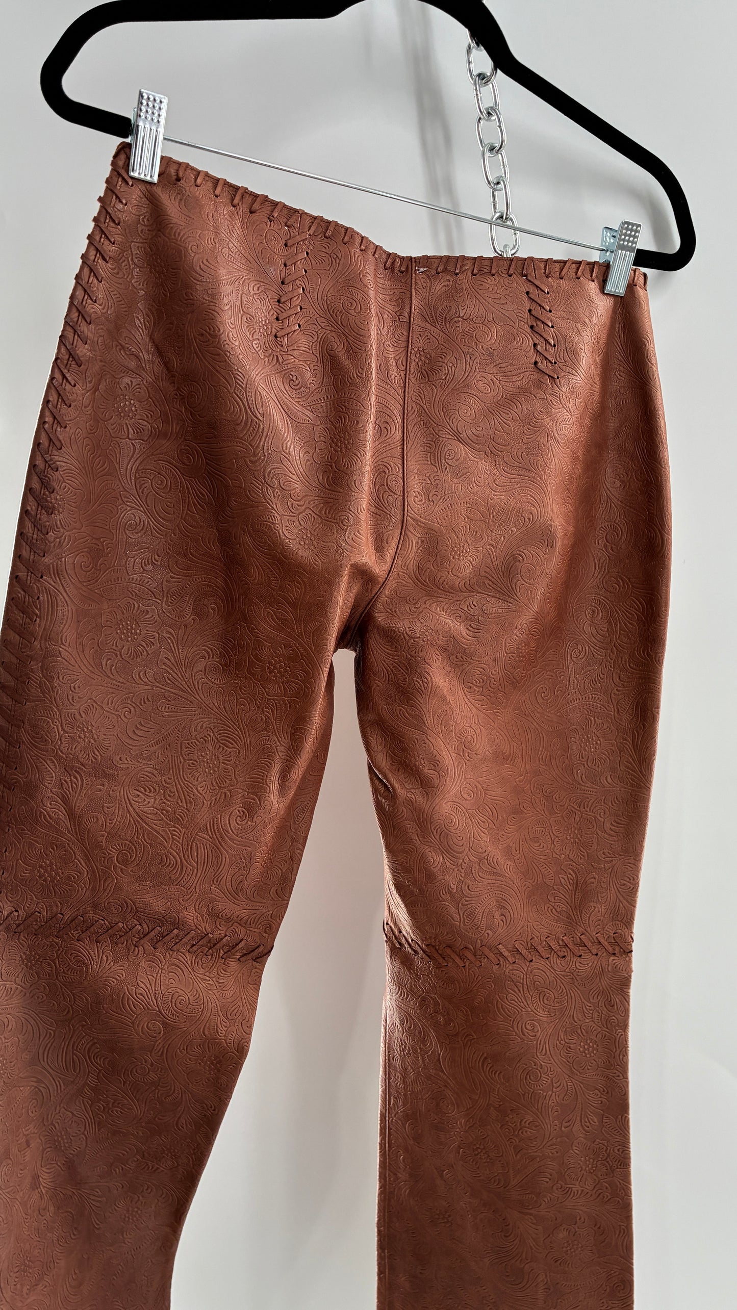 Vintage Embossed Paisley Patterned Genuine Leather Pants with Stitching Details (No Label Unbranded, S)