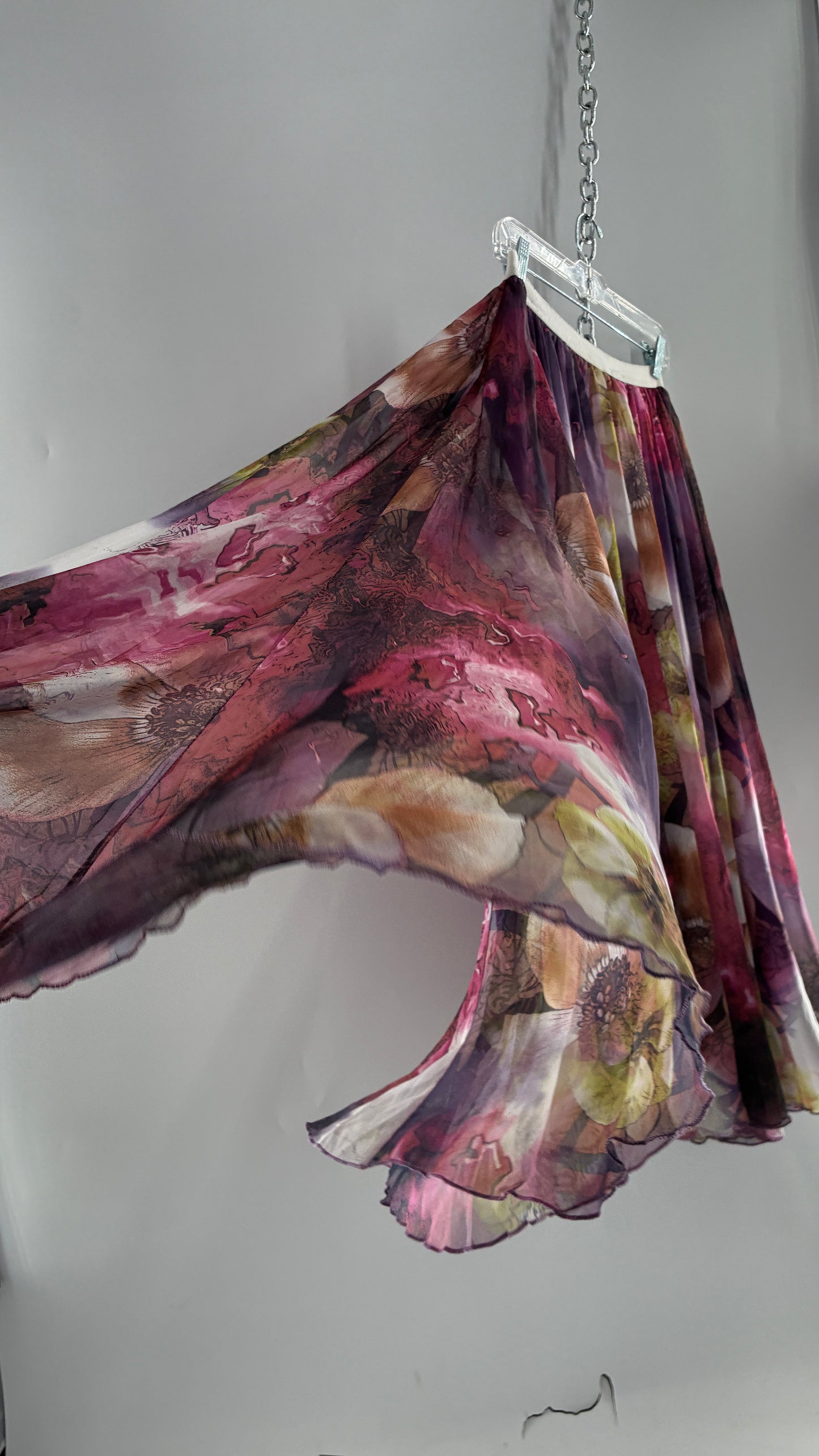 Vintage Full Length Silky Graphic Florals Skirt (Medium)