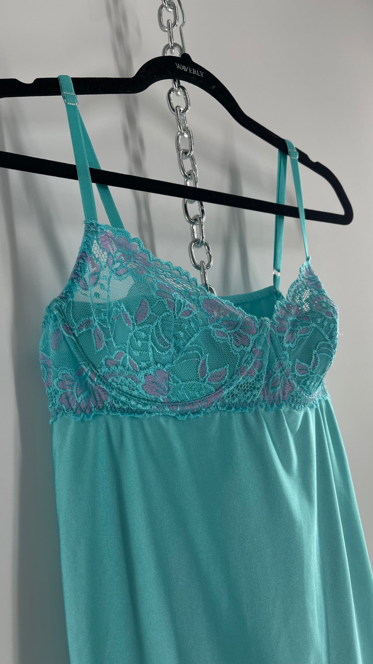 Vintage Baby Blue Balconette Mini Dress with Lace Cups and Purple Details (Large)