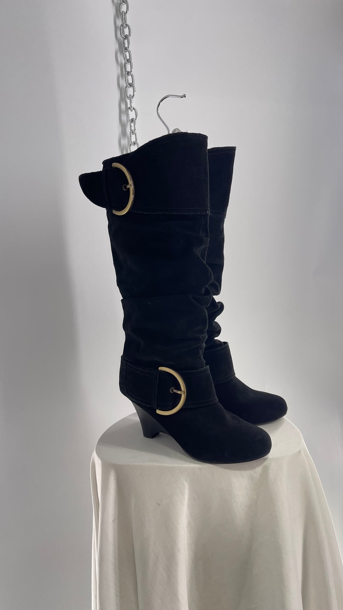 Naughty Monkey Black Suede Wedge Boot with Gold Buckle (7)