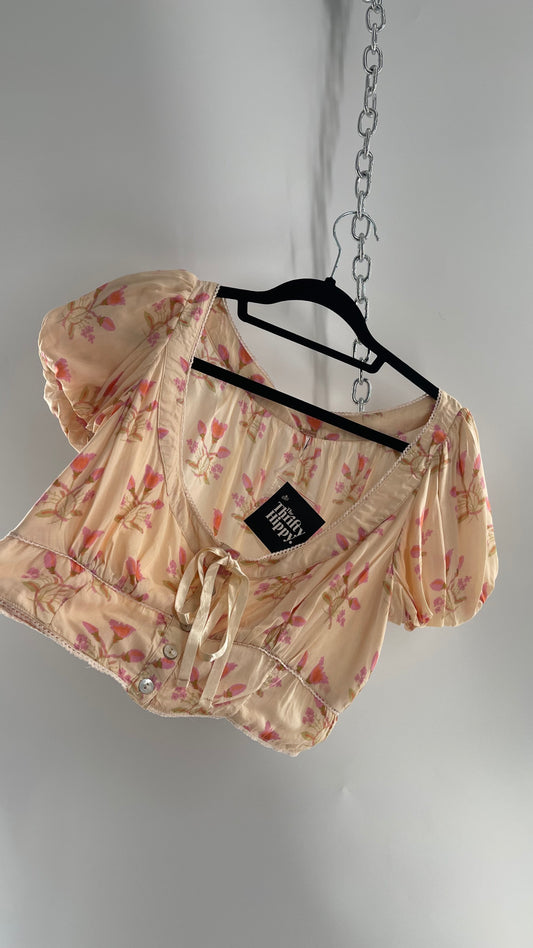 Free People Baby Pink Bustier Cropped Short Sleeve Top with Milkmaid Bustline, Floral Pattern and Ribbon Bow Detail (Large)