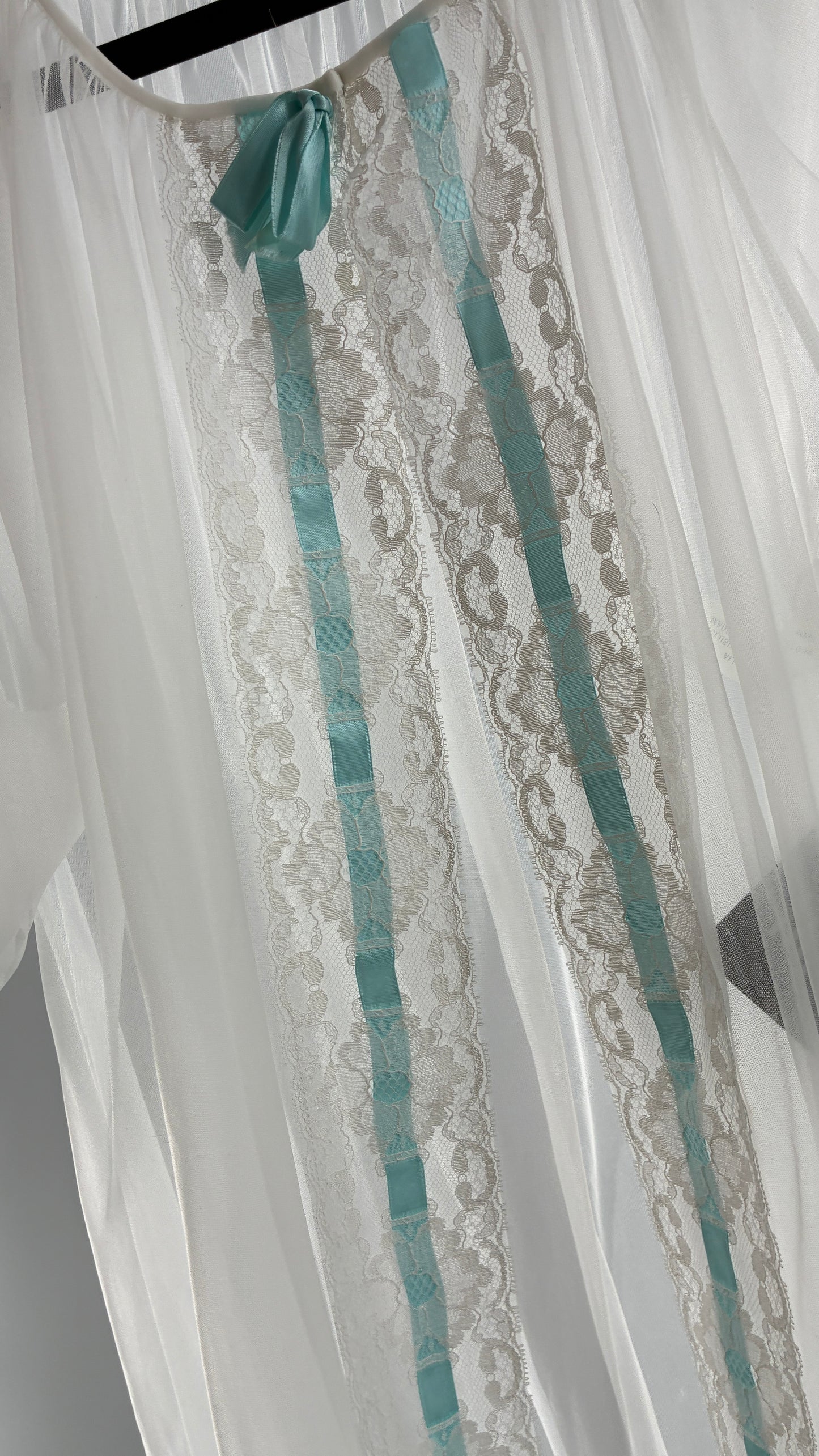 Vintage White Tulle Dress Cape with Oversized Puff Sleeves, Lined with Lace and Baby Blue Ribbon Trim (Medium)