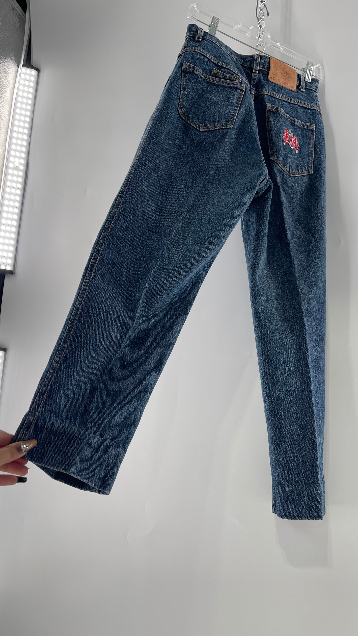 Vintage Medium Wash Ultra High Waisted Gitanos with Embroidered Crest on Back Pocket and Leather Jacron (13/14)