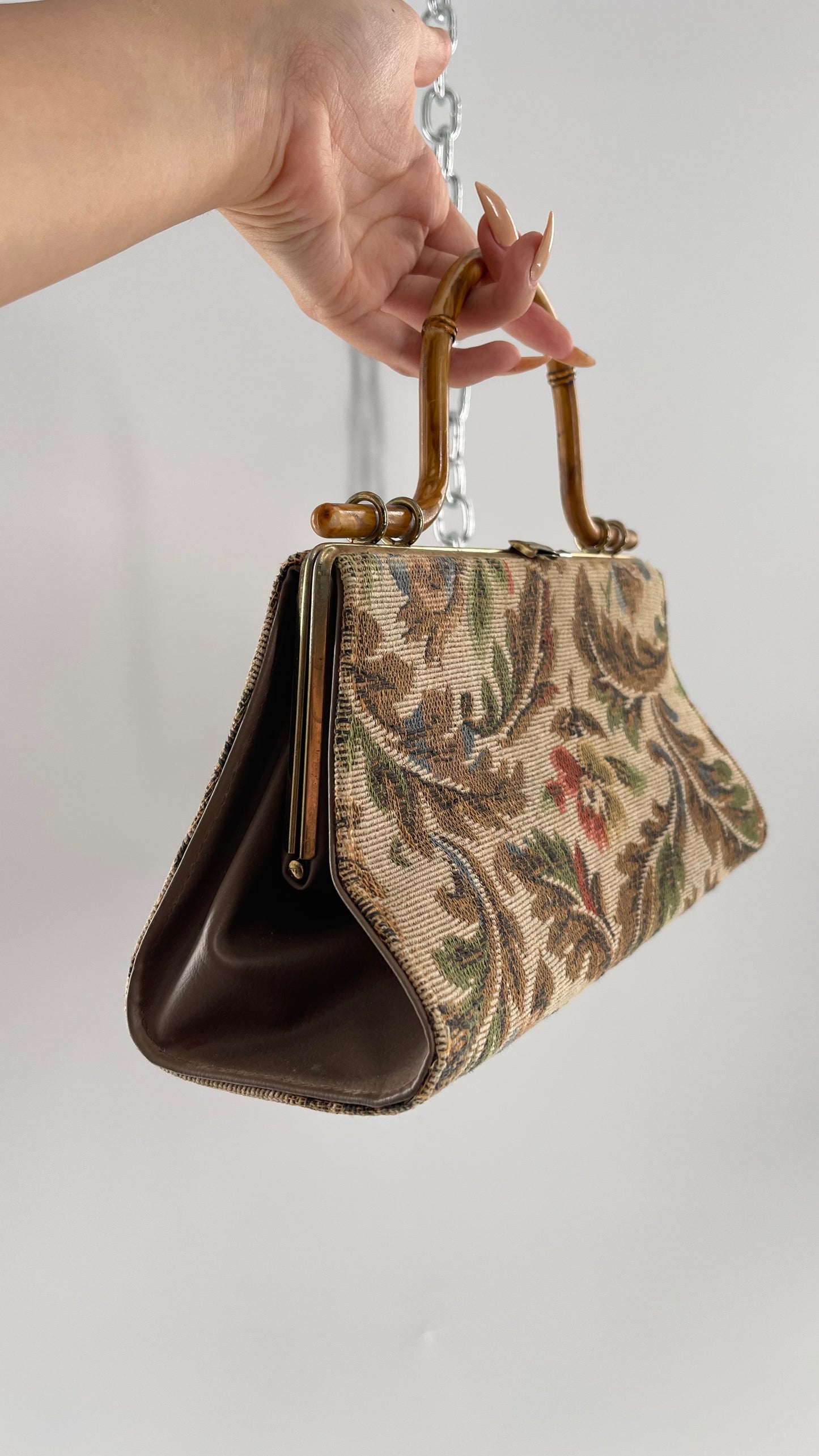 Vintage Tapestry Bag with Bronze Metal Clasp and Bamboo Handle