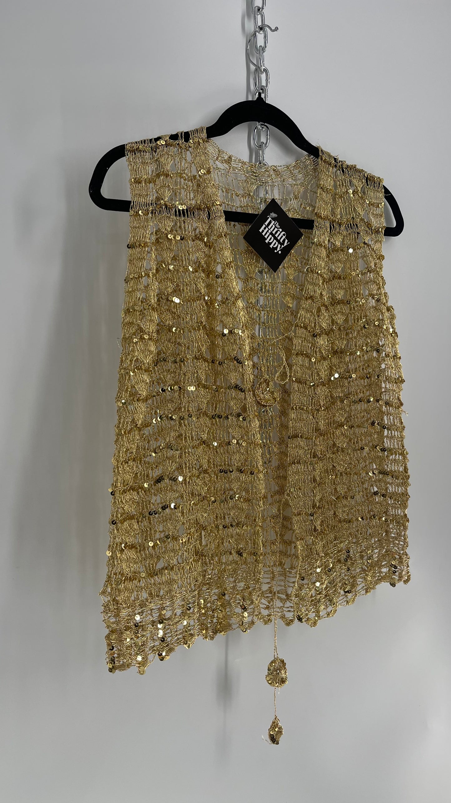 Vintage Gold Crochet Sequin Tie Bust Vest (S/M)