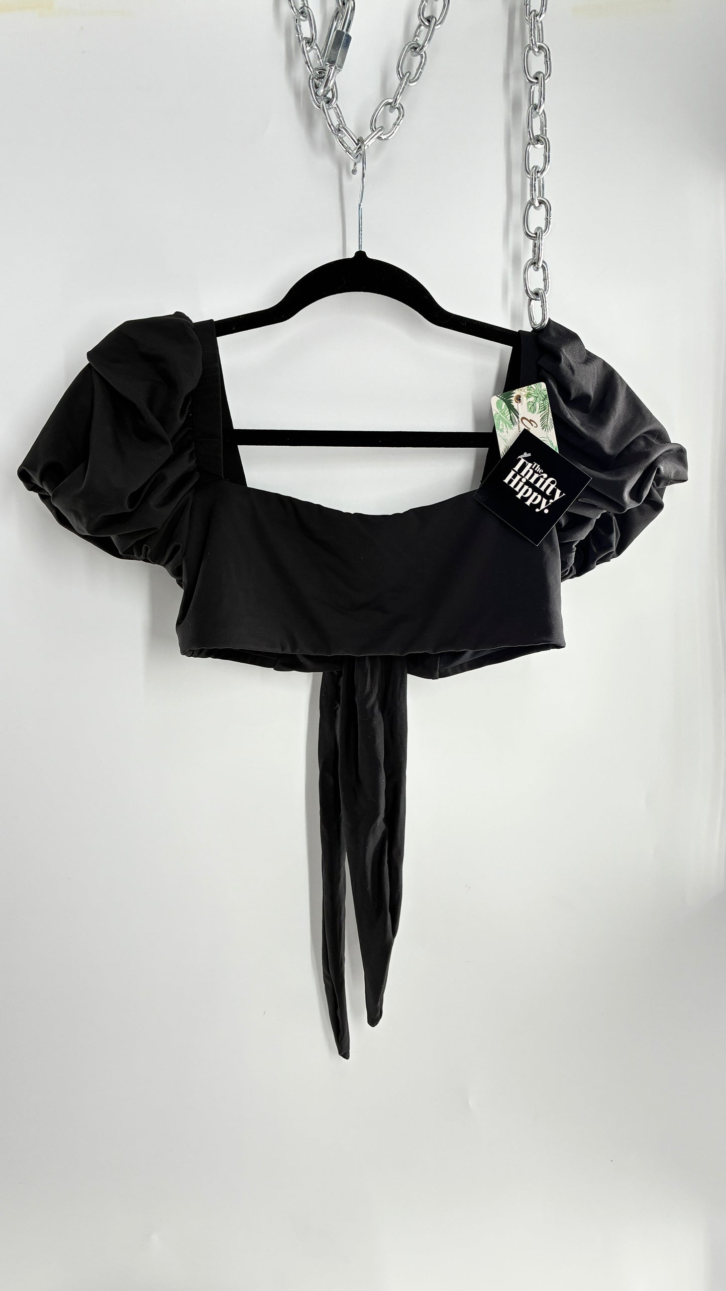 ENVYA Puff Sleeve Cropped Swim Top with Tie Back Detail