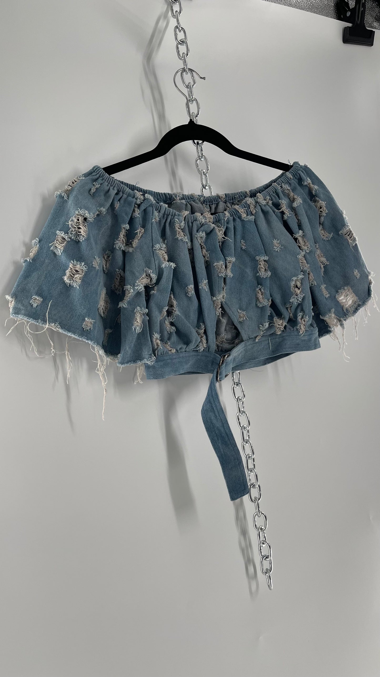 Homage Distressed Denim Crop Top with Keyhole Bust Cutout and Buckle (Medium)