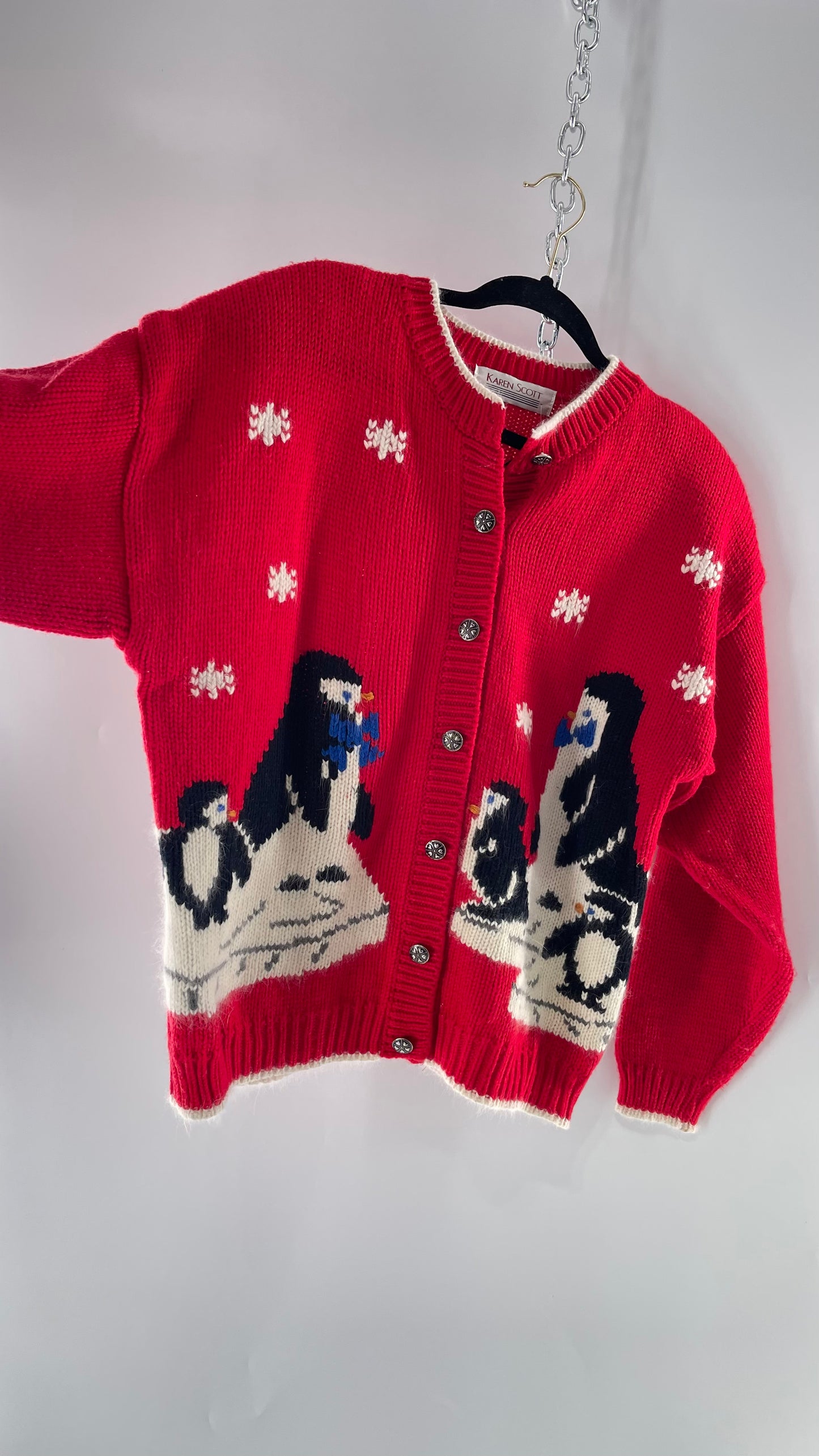 Vintage Karen Scott Silver Button Front, Red Cardigan with Shoulder Padding and the Sweetest Festive Penguins in Bow Ties (Large)
