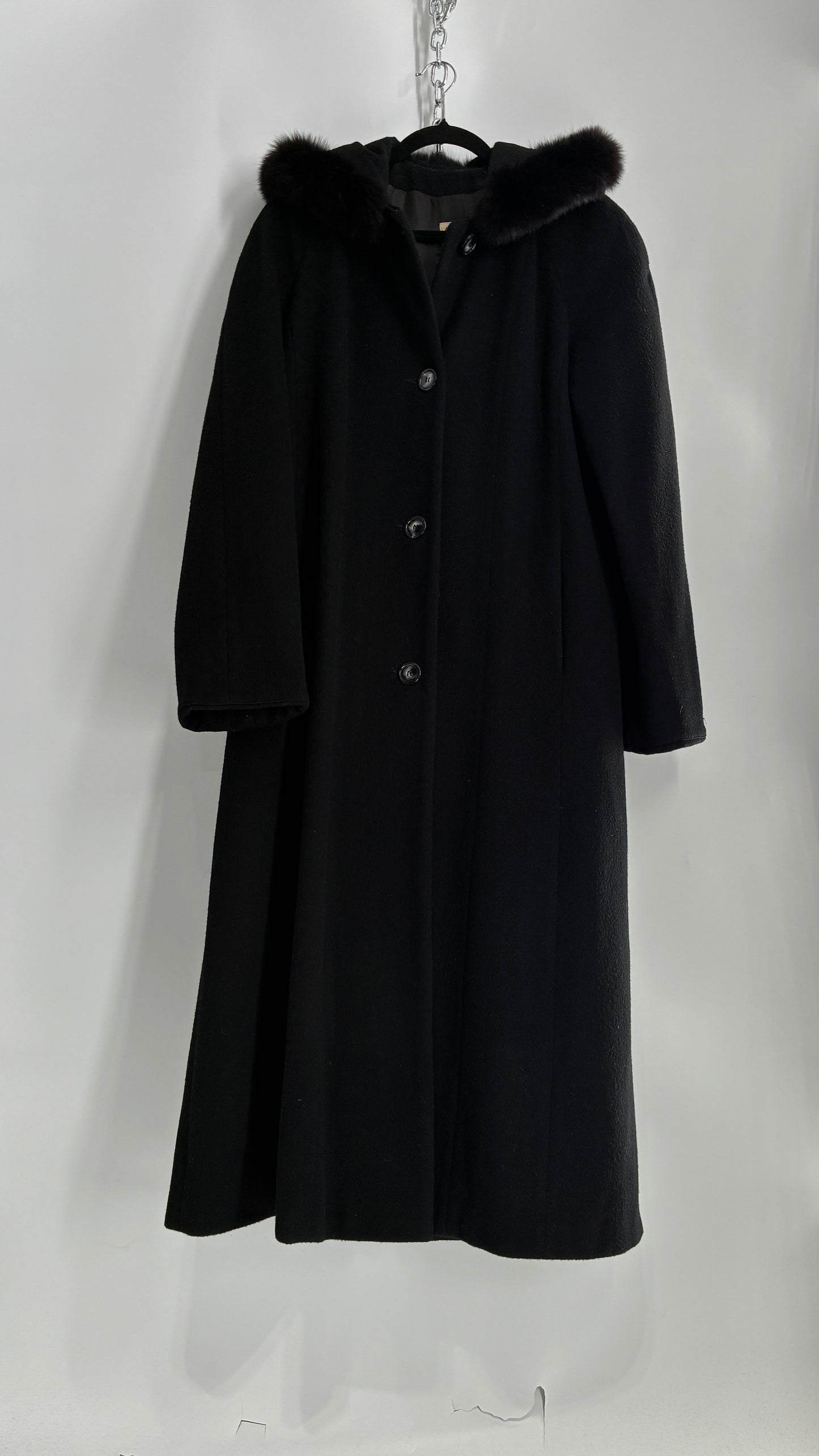 Vintage ANDREA COLLECTION Black Wool Blend Full Length Coat with Fur Trim Hood (12)