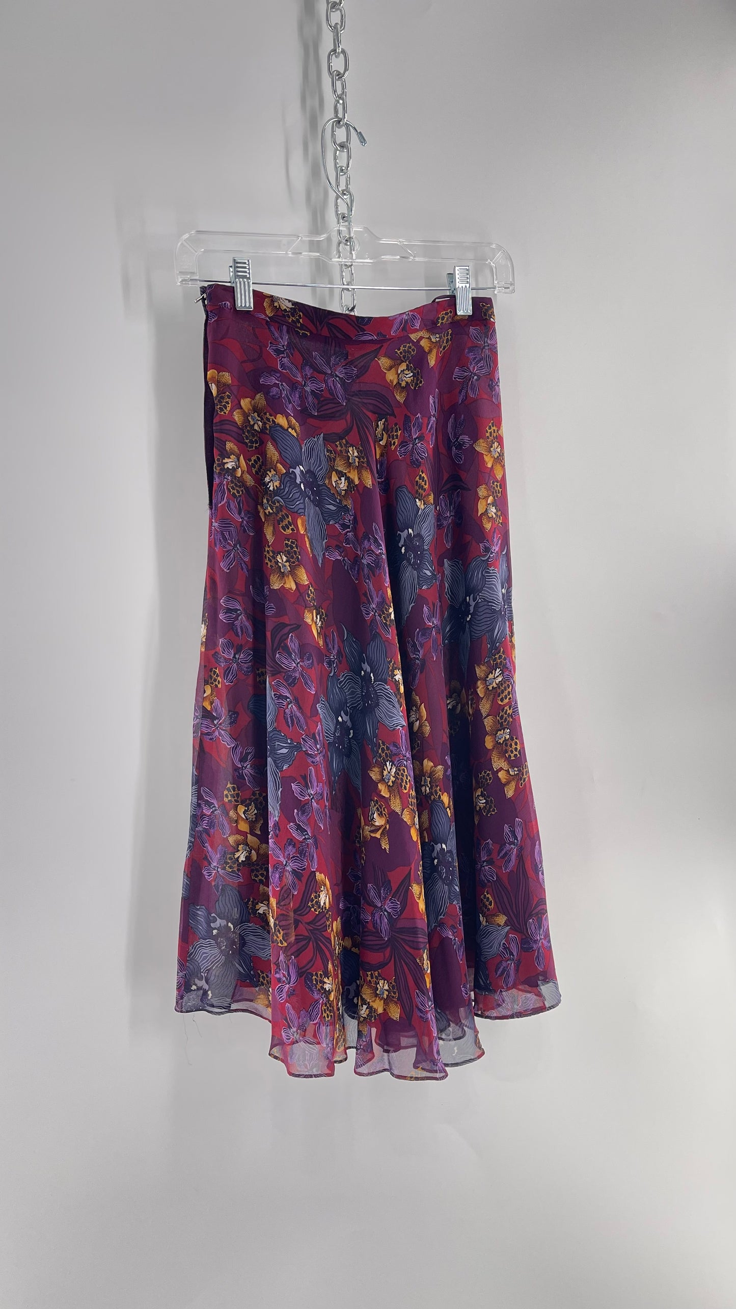 Vintage 100% Silk Burgundy Tropical Skirt with Leopard Florals (4)