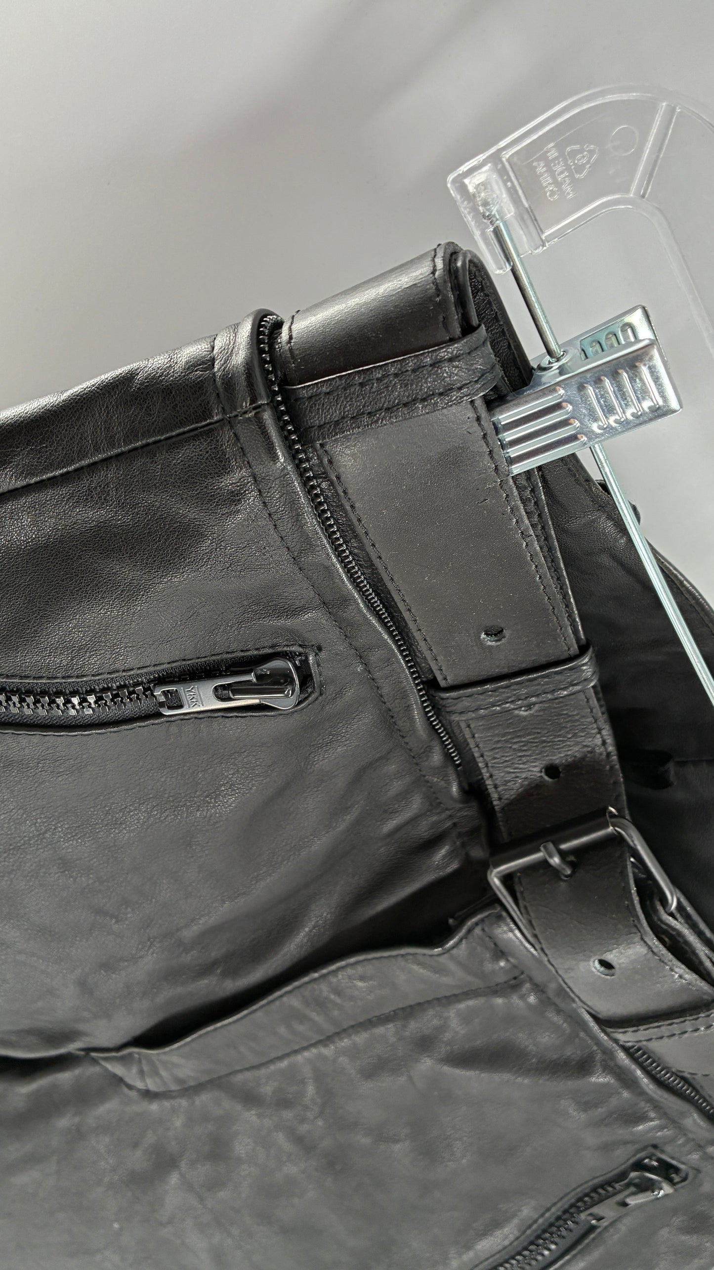 Vintage Black Italian Leather Motorcycyle Pants with Built In Belt and Zipper Detailing (XS)