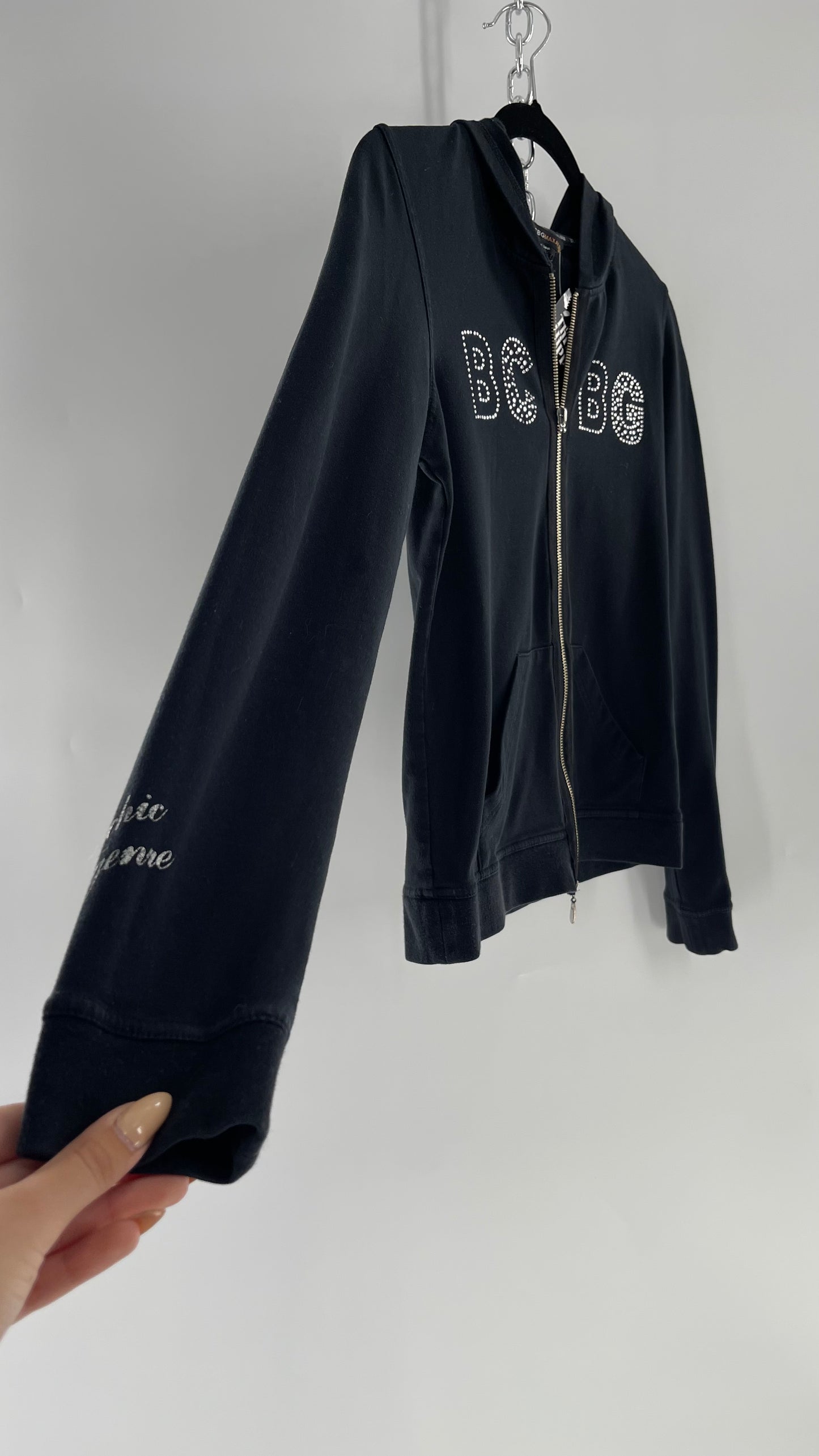 Vintage BCBG Rhinestone Logo Hoodie with Zip Up Studded Hood (Medium)