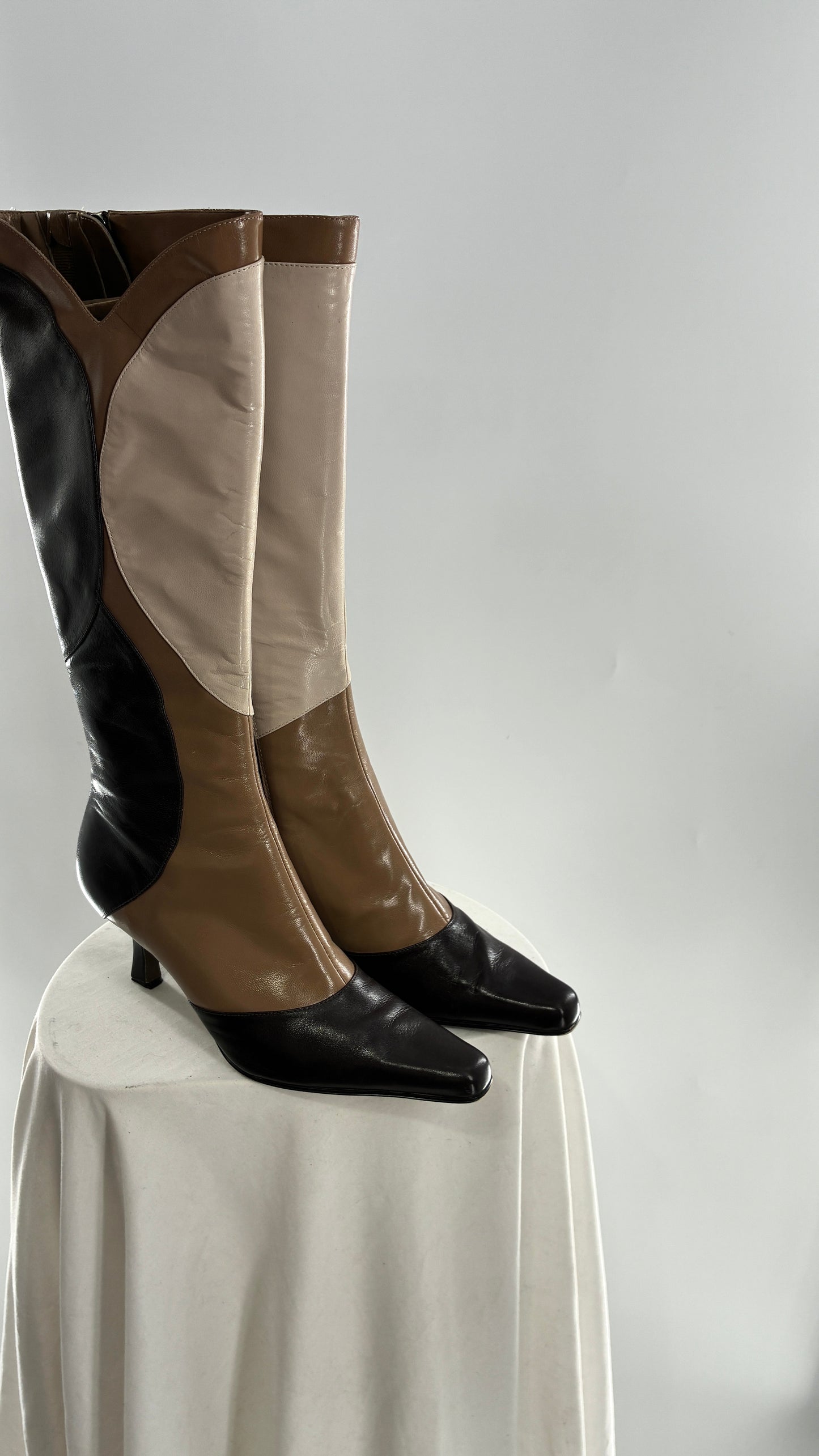 Vintage ANN MARINO Knee High Pointed Toe Abstract Patchwork Boots (6.5)