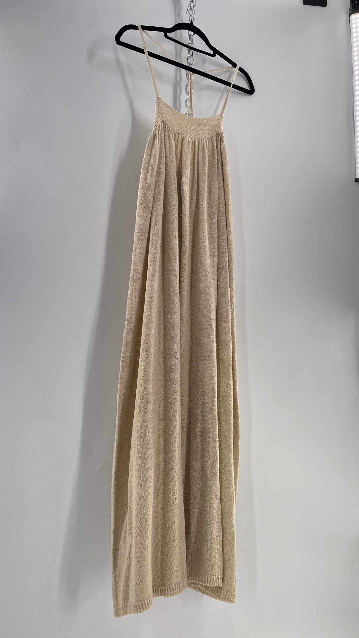 Free People Beach Beige Slinky Halter Textured Maxi Dress
