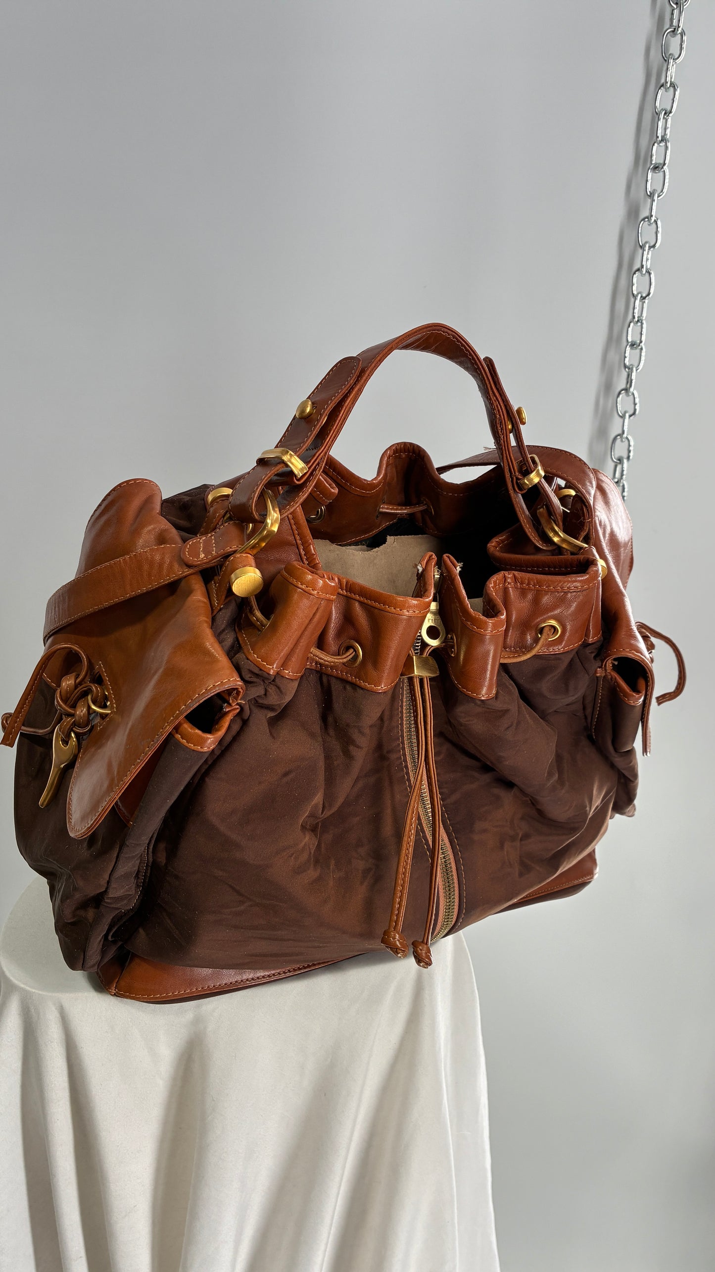 Vintage DONNA KARAN DKNY Oversized XL Brown Zip Front Bag with Leather Details