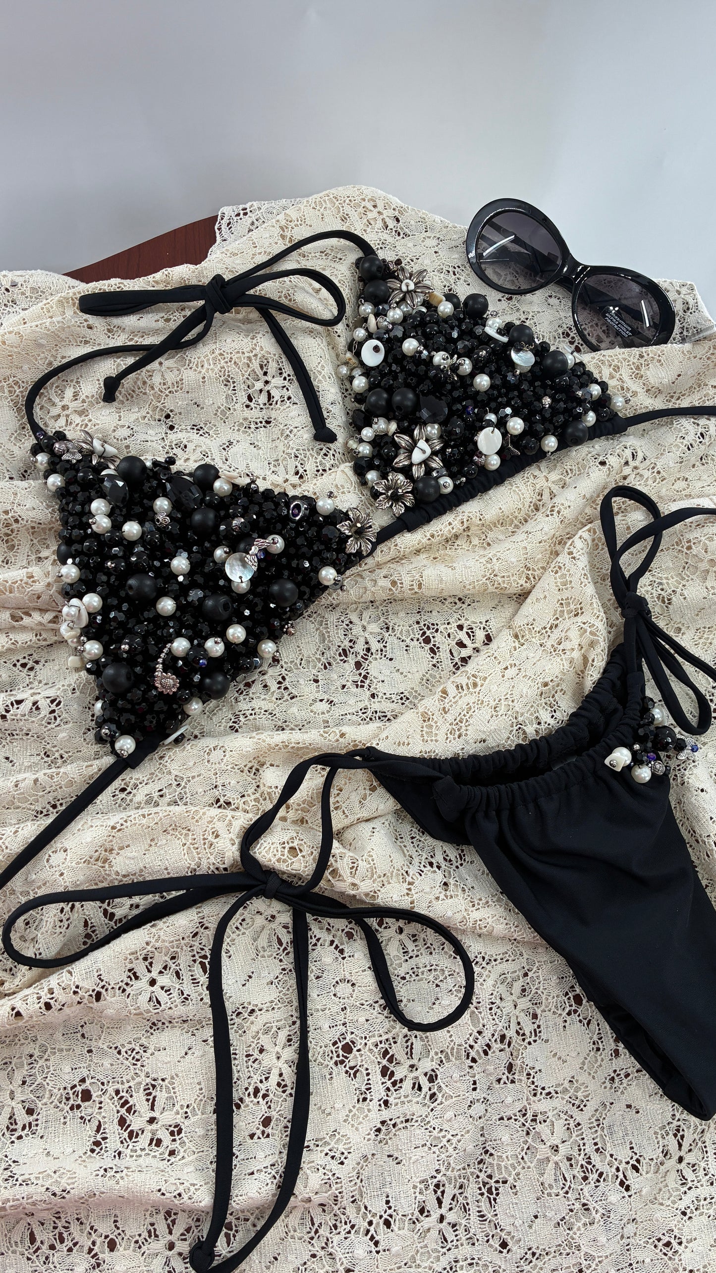 CUSTOM 1/1 Black Swimsuit Covered in Hand Placed and Sewn Beads, Charms, and Gems (MEDIUM)