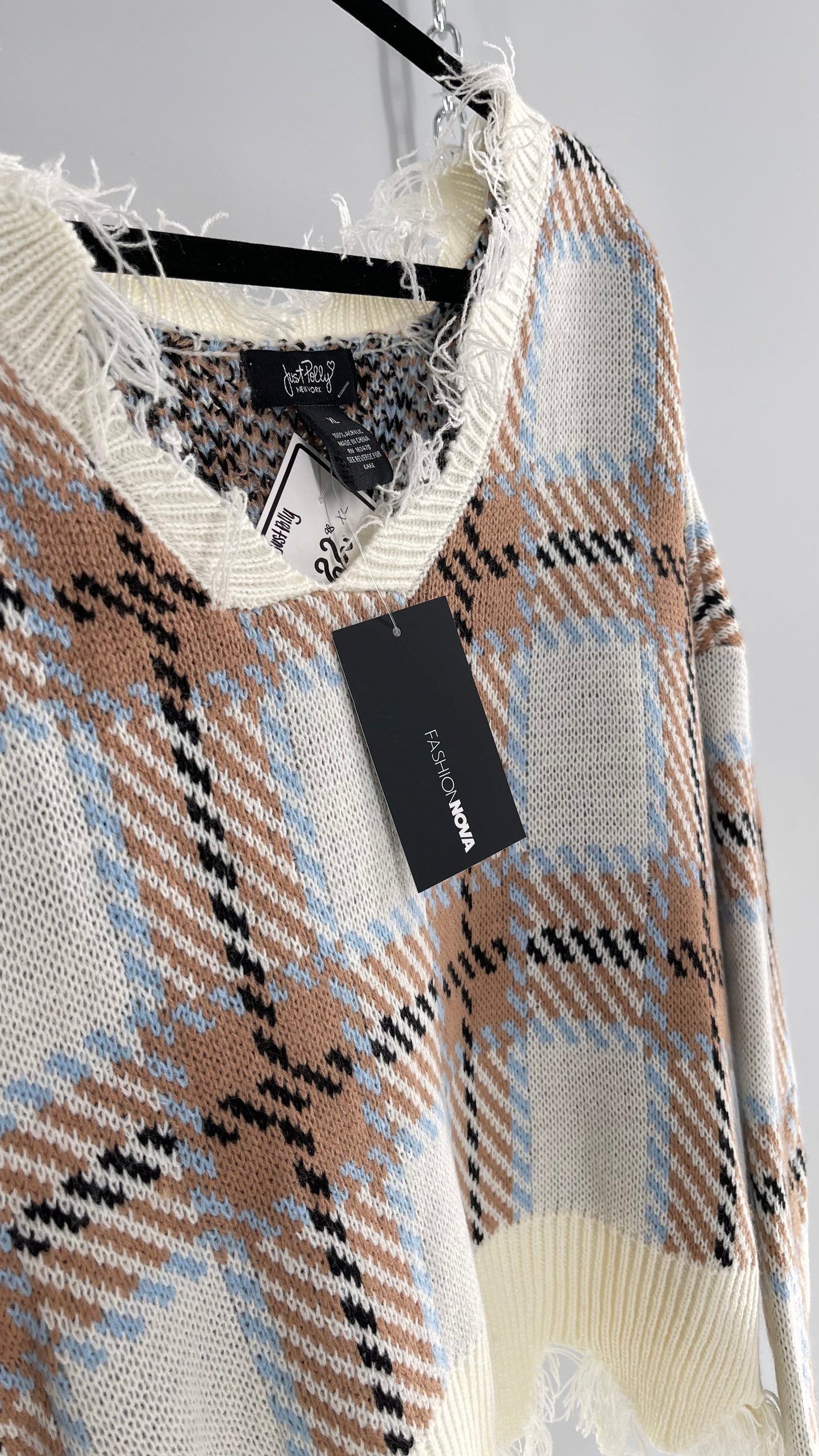 Fashion Nova Plaid Powder Blue/Tan Distressed Sweater