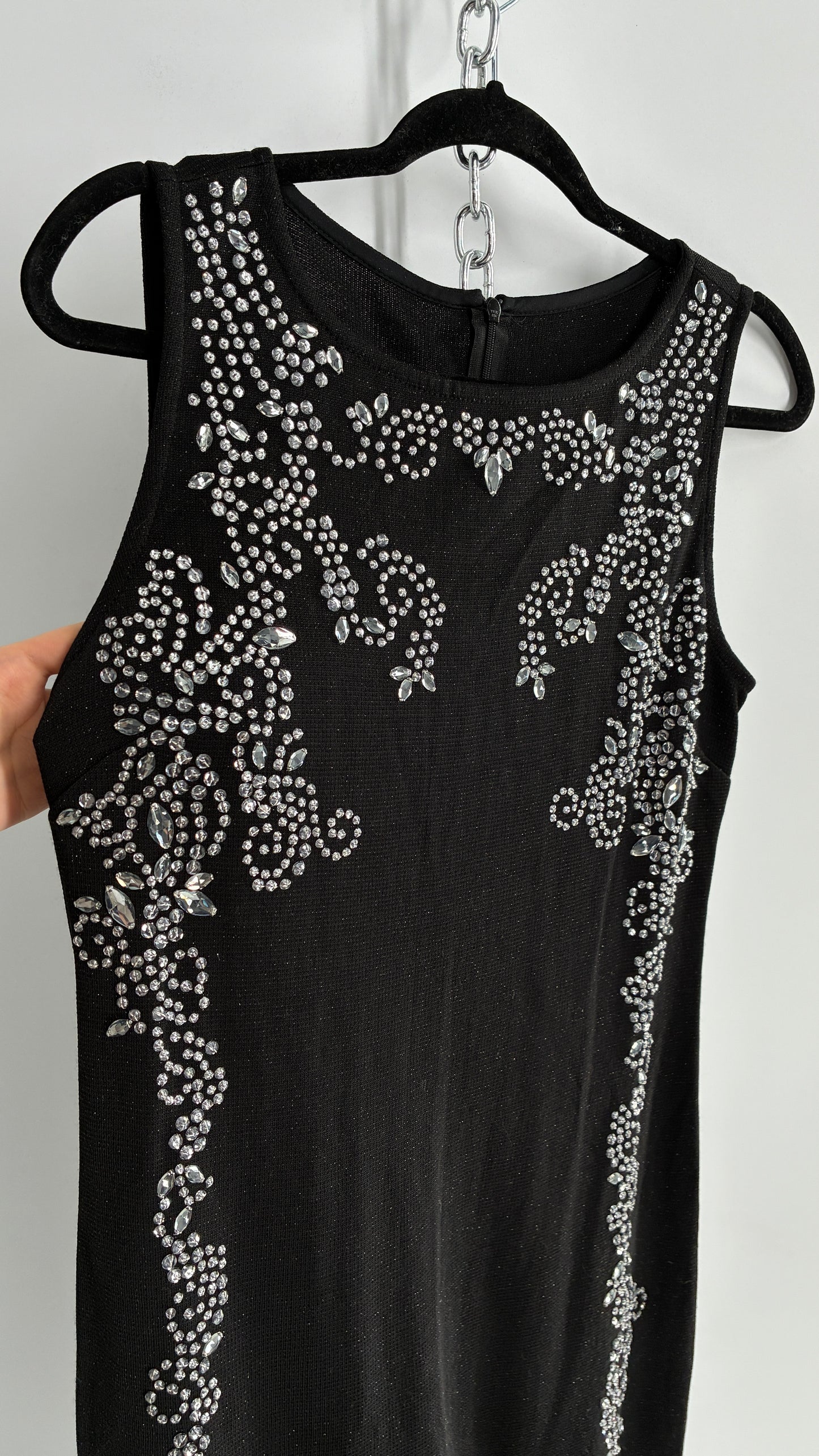 Vintage ST JOHN Black Metallic Wool Knit Dress with Silk Blend Lining and Rhinestone Embellishments (6)