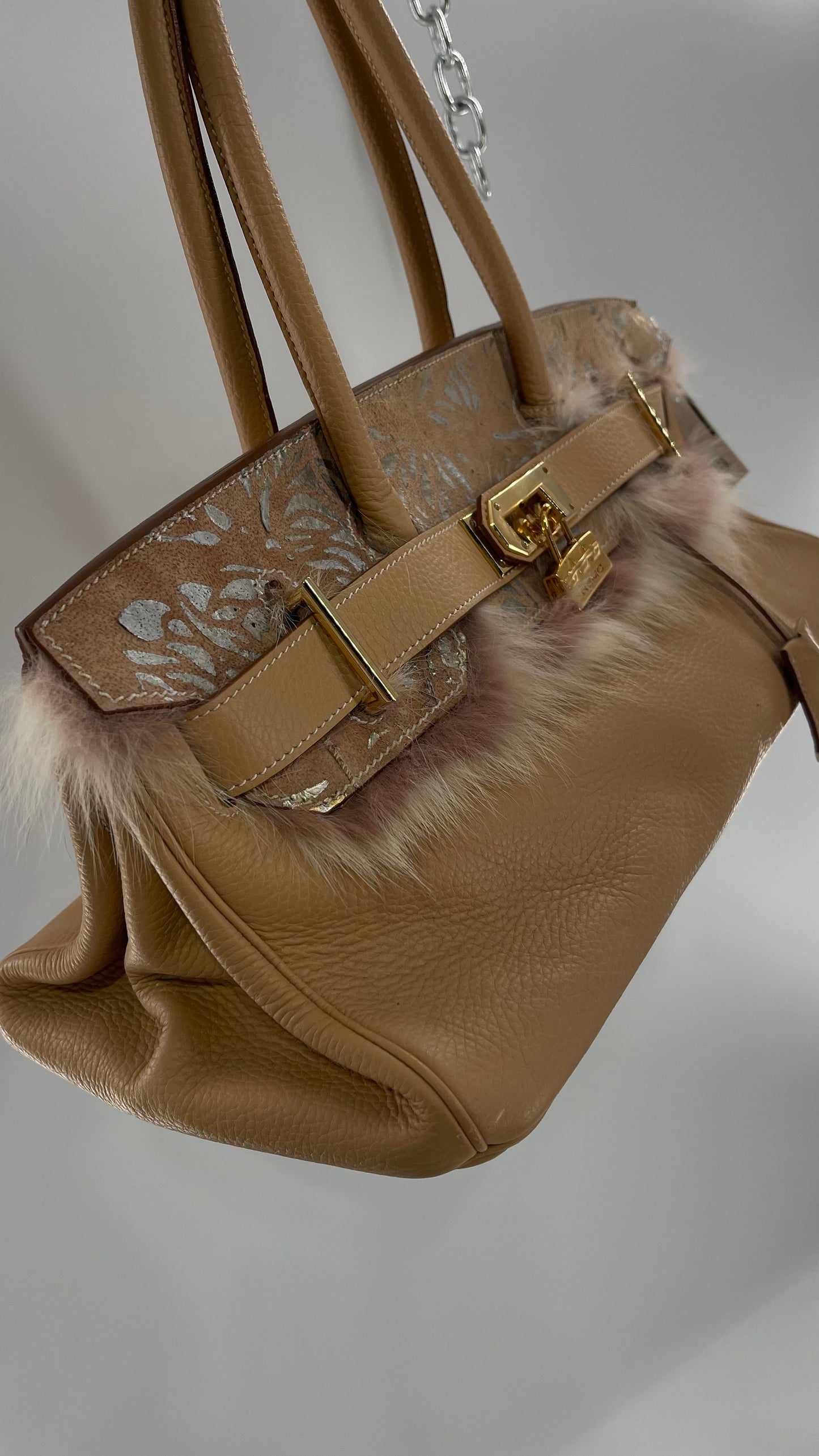 Vintage REMC R.ENGEL Monte Cristo High Society Tan Leather Purse with Silver Embossed Leather Detail, Feather Trim and Heavy Gold Locket Birken Look Alike