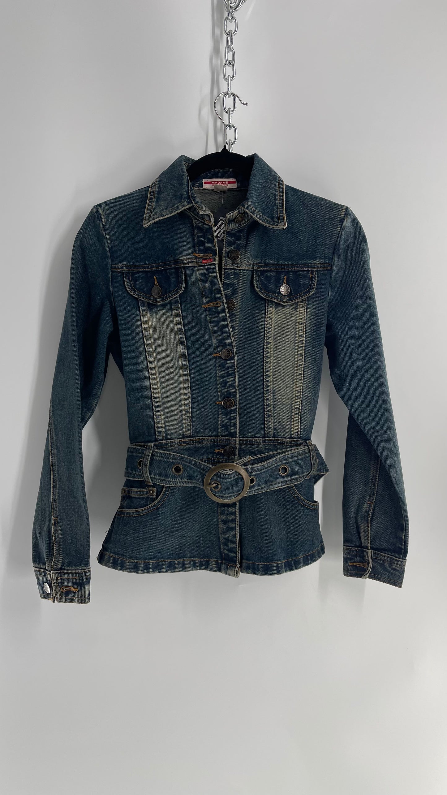 Vintage Madame Denim Culture Medium Wash Fade Jacket with Waist Belt and Back Pocket Details (Medium)