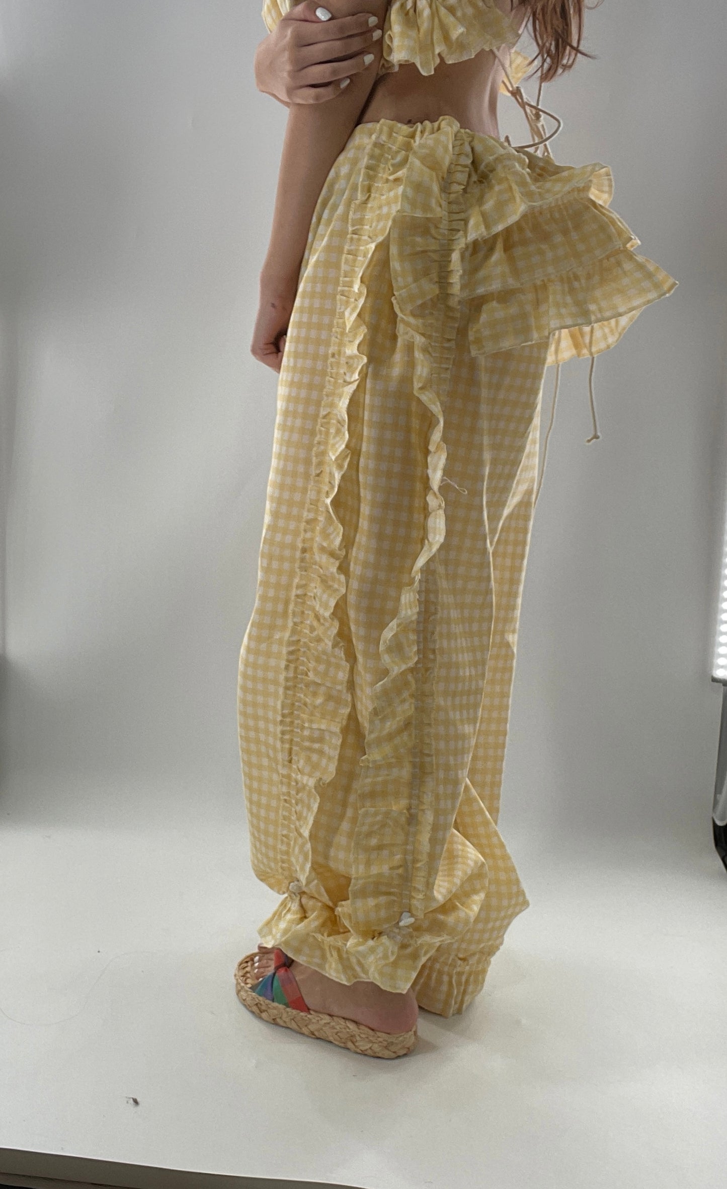 Vintage 2 Piece Yellow Checkered/Gingham Patterned Picnic Set with Ruched Bust Top and Ruffle Side Wide Legs with Adjustable Length, Strap Up Buttons on Hem (One Size)
