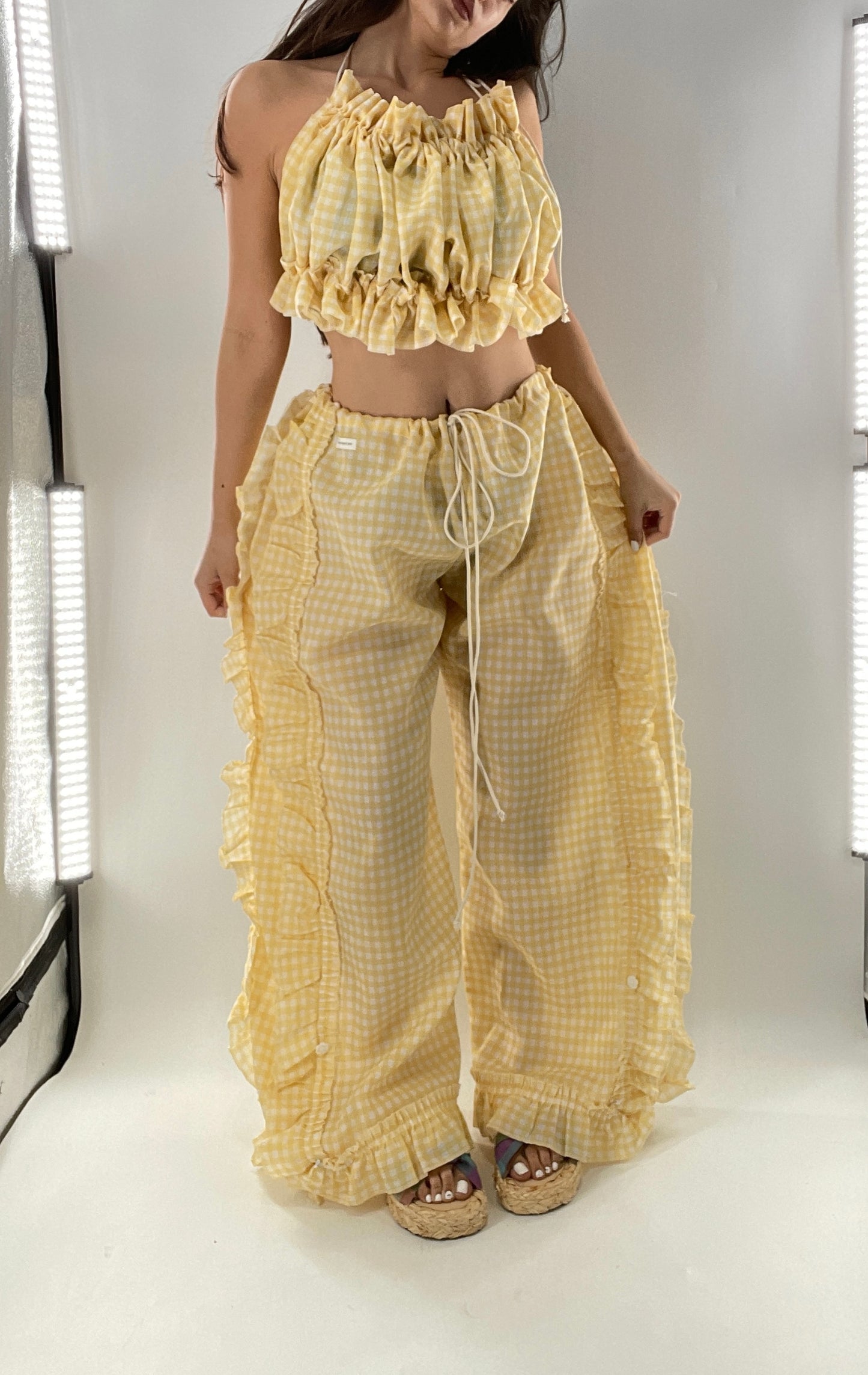 Vintage 2 Piece Yellow Checkered/Gingham Patterned Picnic Set with Ruched Bust Top and Ruffle Side Wide Legs with Adjustable Length, Strap Up Buttons on Hem (One Size)