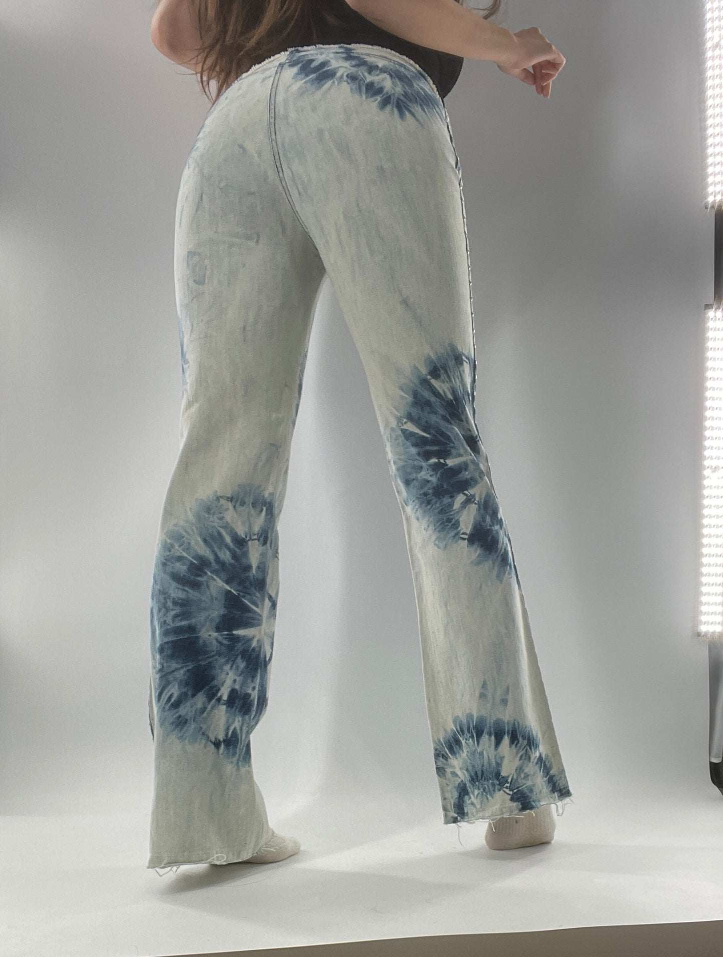 Vintage 1990s DKNY Light Bleached Jeans with Tie Dye Denim Pattern, Raw Edge Low Rise, and Studded Sides (5)