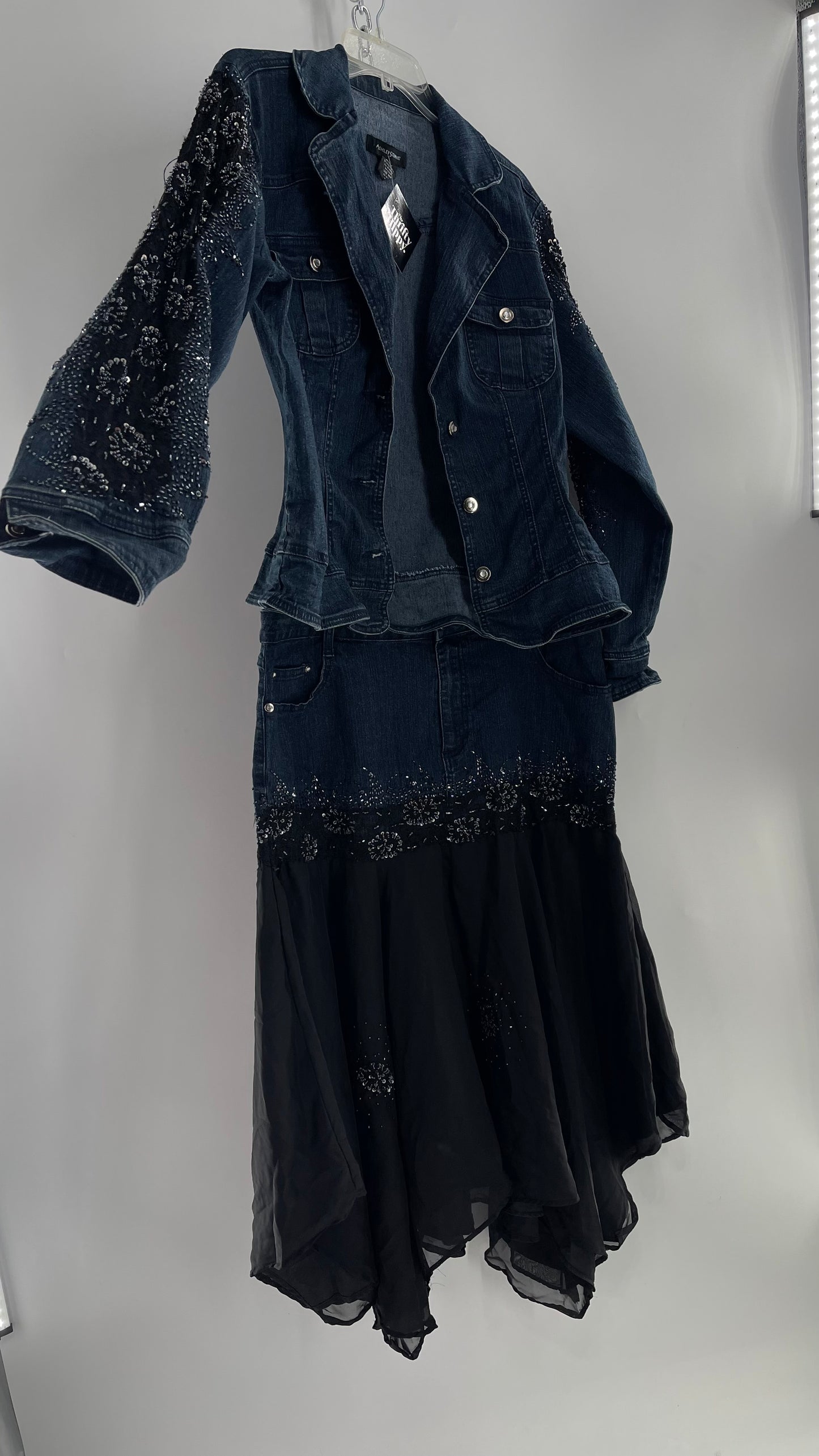 Vintage Ashley Stewart Denim Skirt and Button Up Set with Black Embroidered and Beaded Lace Details + Handkerchief Skirt (16W)
